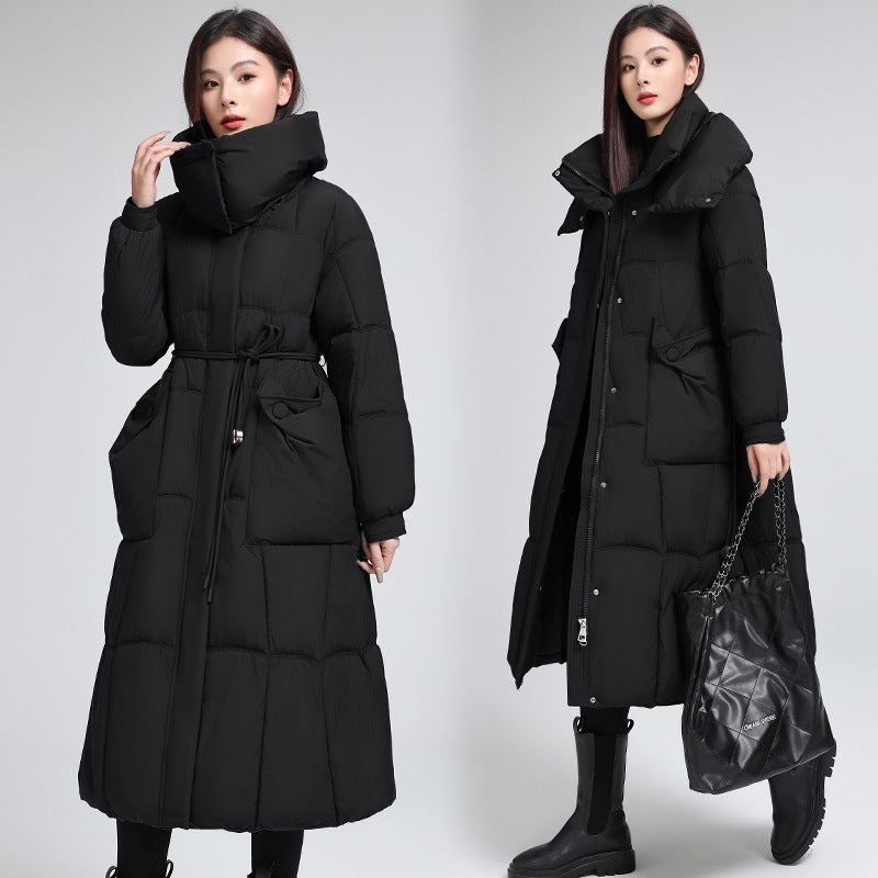 Knee Length Waist Cinching Padded Cotton Coat For Women