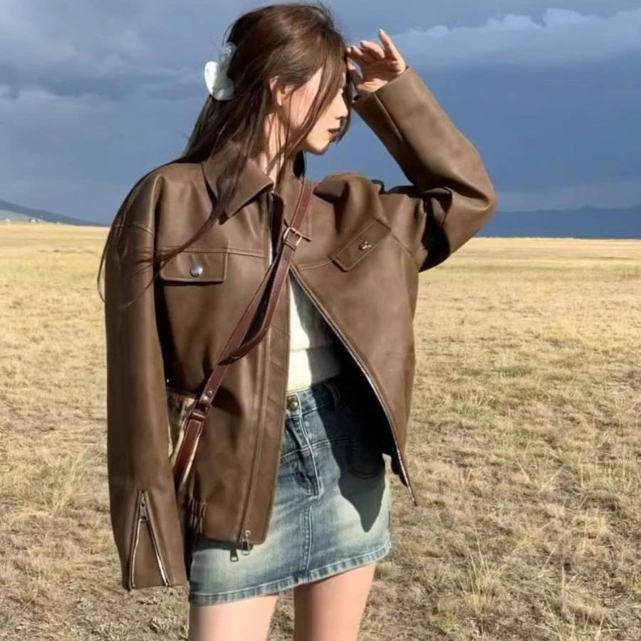 Casual Retro Solid Color Loose PU Leather Coat For Women