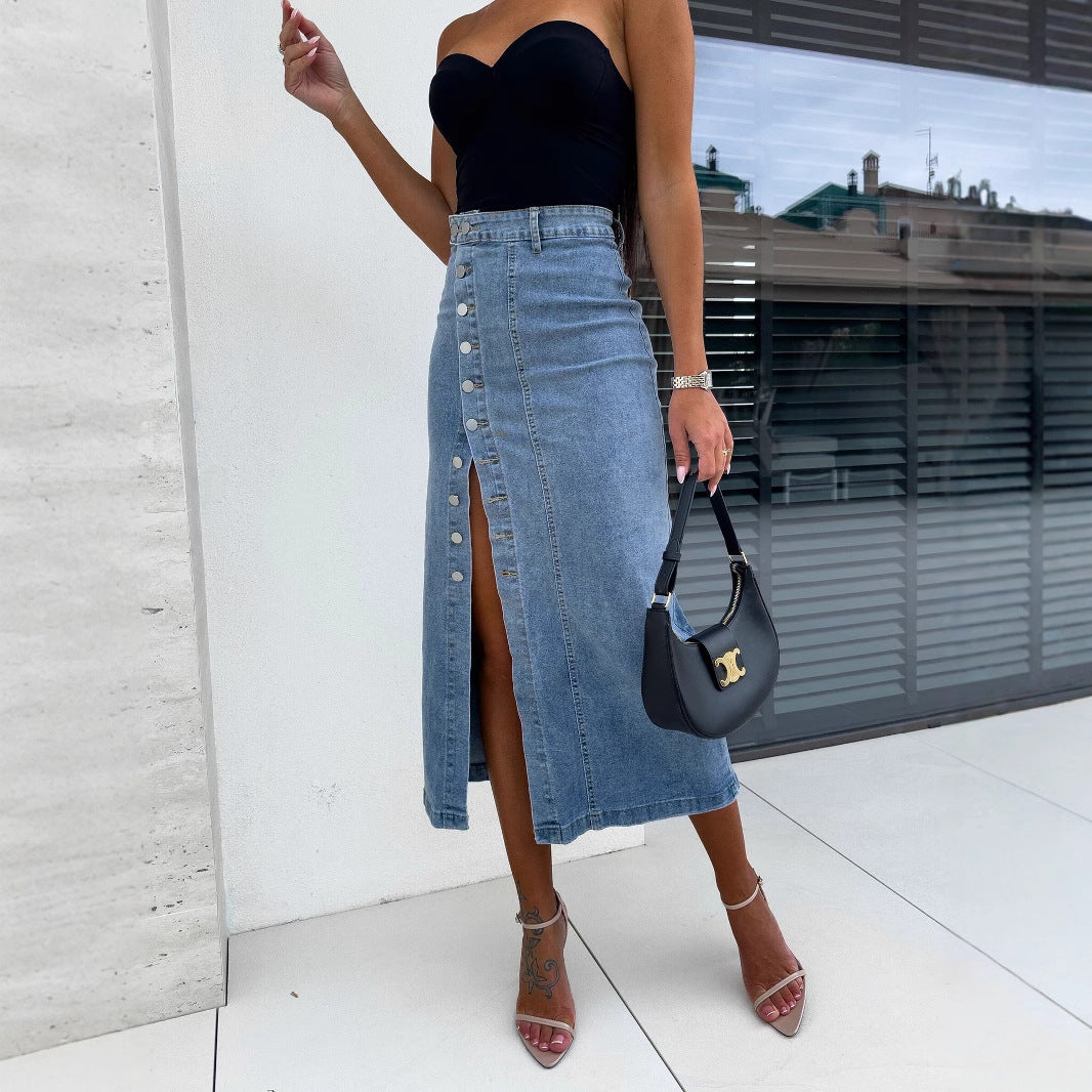 Asymmetrical Button Front Denim Skirt With Irregular Slit Detail