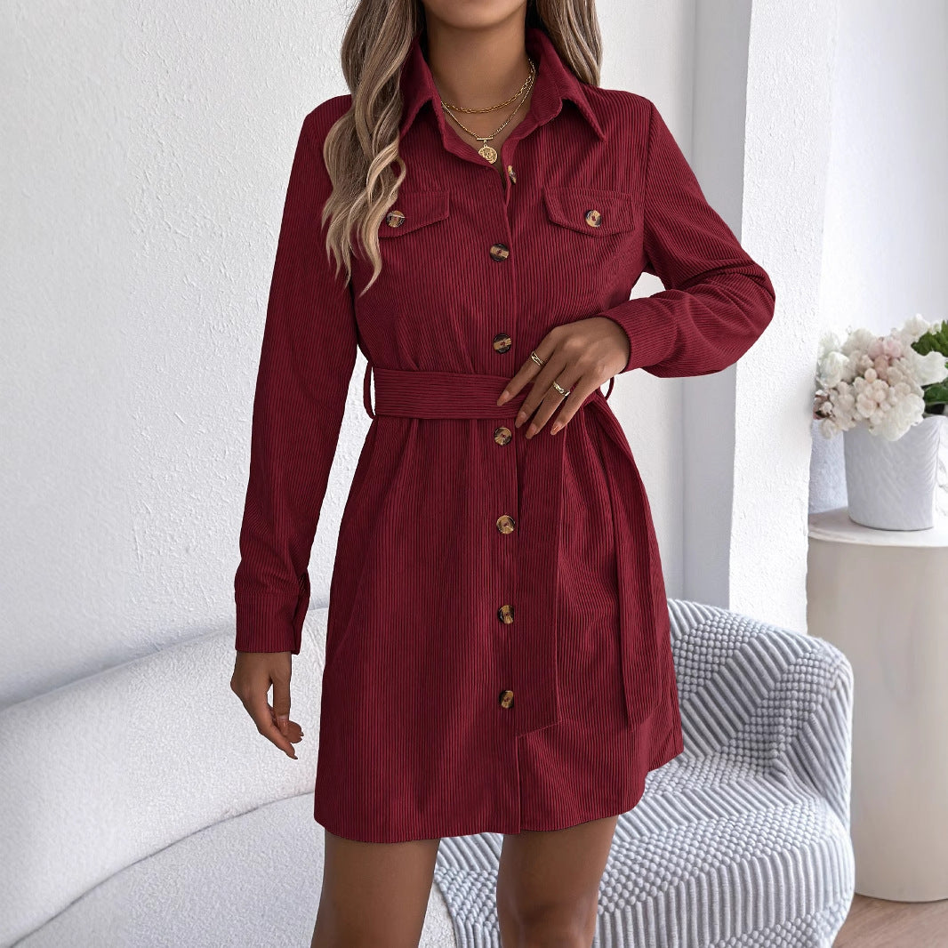 Cozy Corduroy Shirt-Dress with Lace-Up Detail and Single-Breasted Style-Theone Apparel