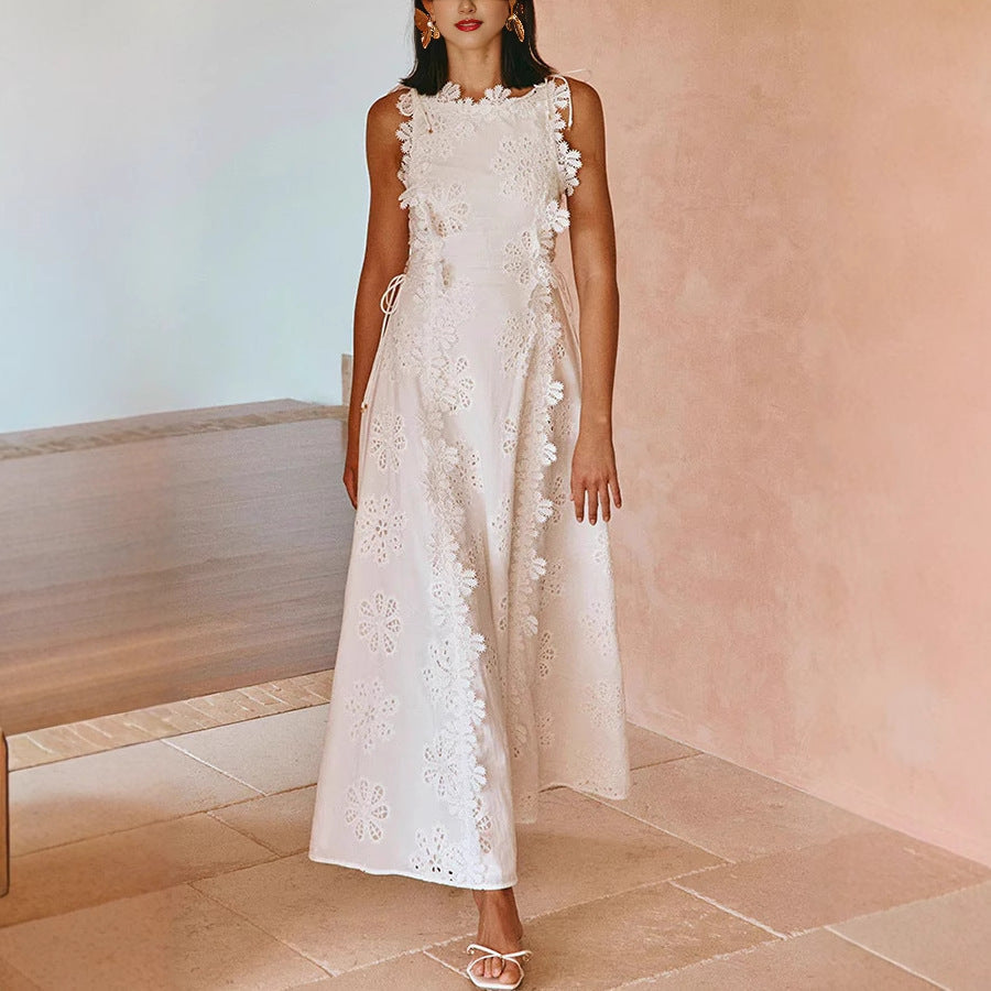 Delicate Lace Embroidery Tie-Strap Holiday Dress with Boho Flair-Theone Apparel