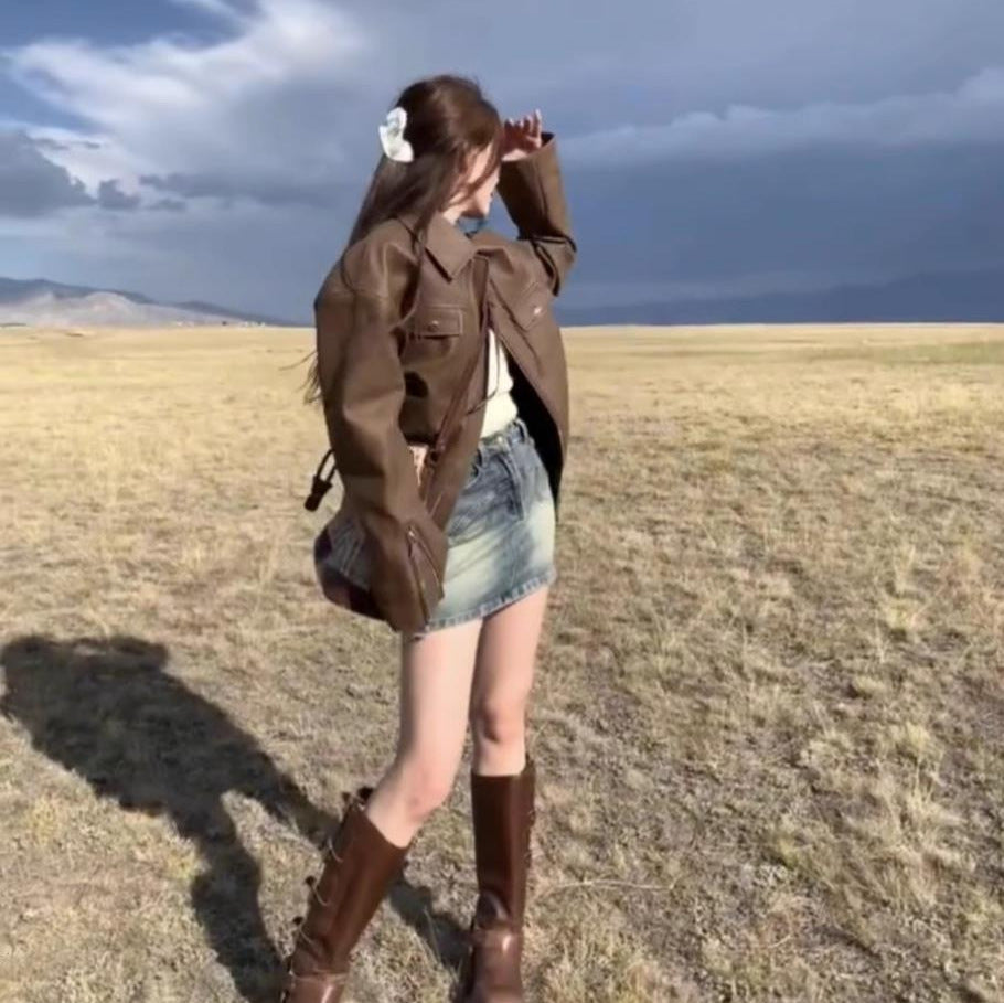 Casual Retro Solid Color Loose PU Leather Coat For Women