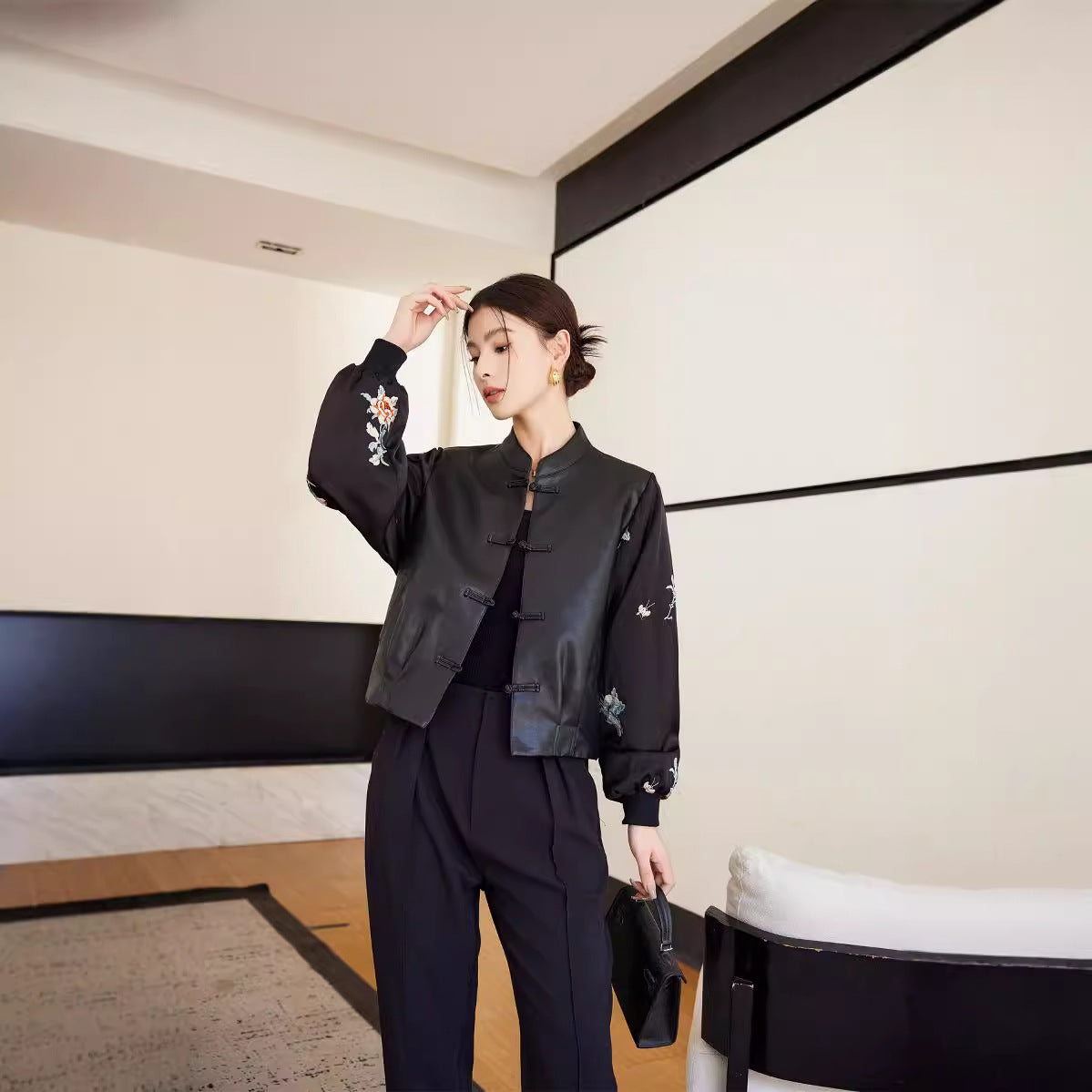 Black Retro Stitching Short Leather Coat For Women