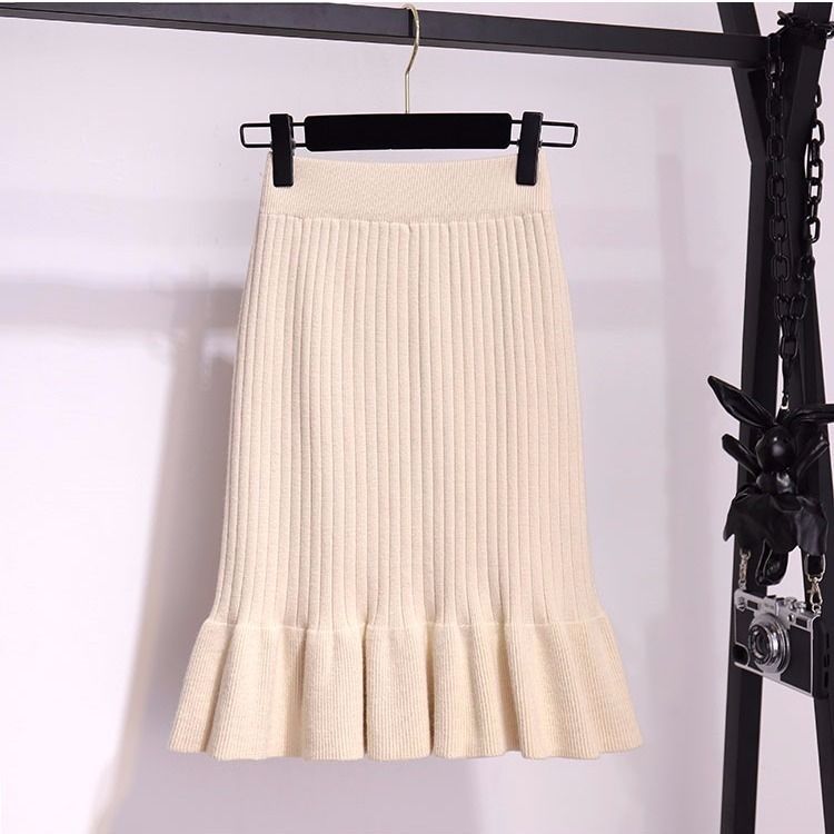 Slim Fit Lace Hem Knitted Pencil Skirt Mid Length