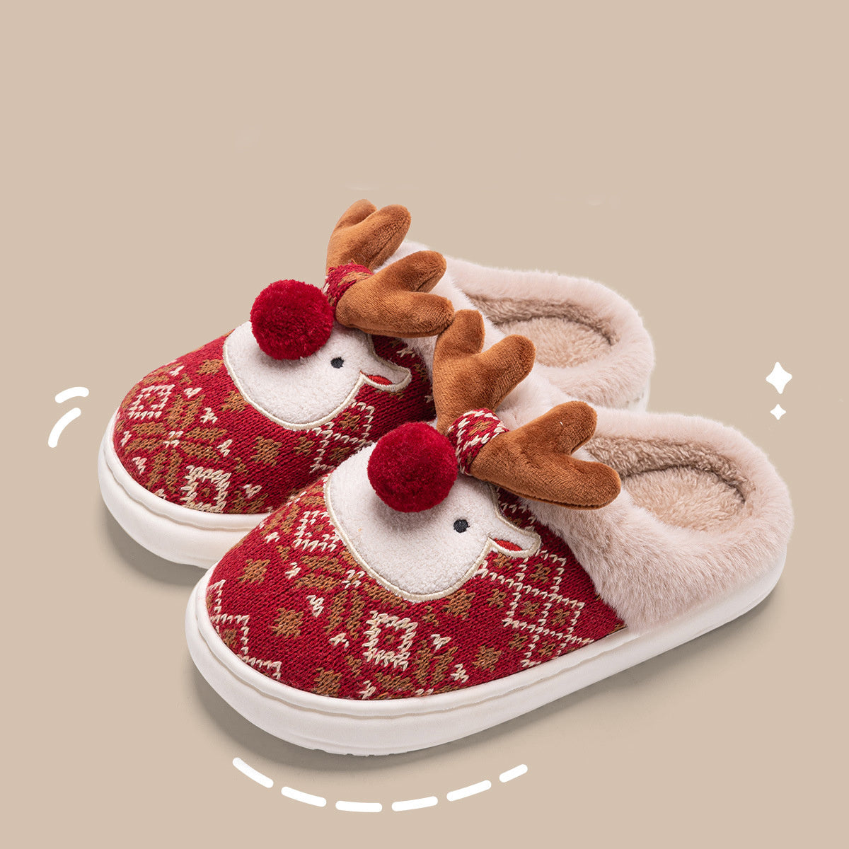 Durable and Soft 3D Reindeer House Shoes with Traction Soles