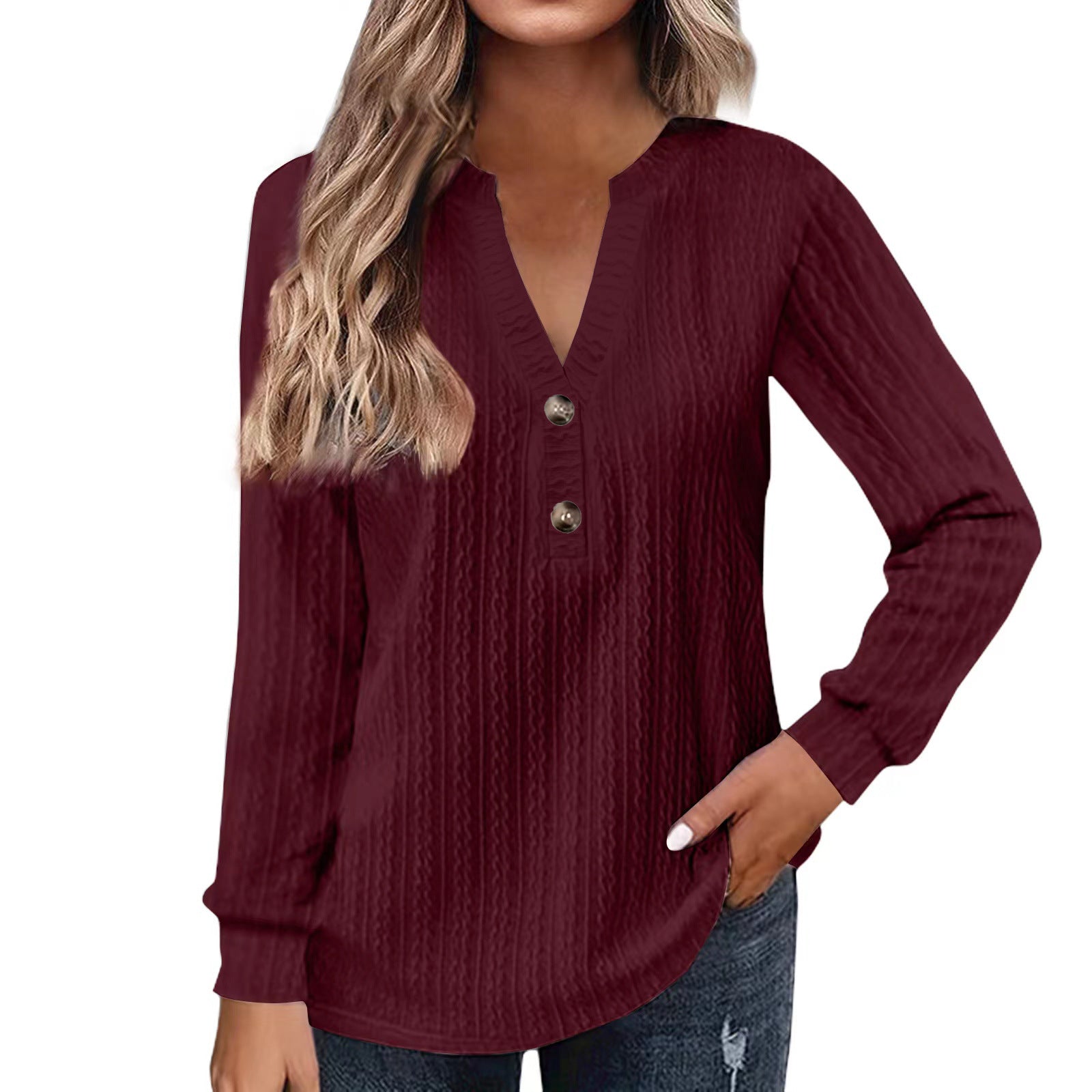 Women's Solid-color Long-sleeve V-neck Button T-shirt Top