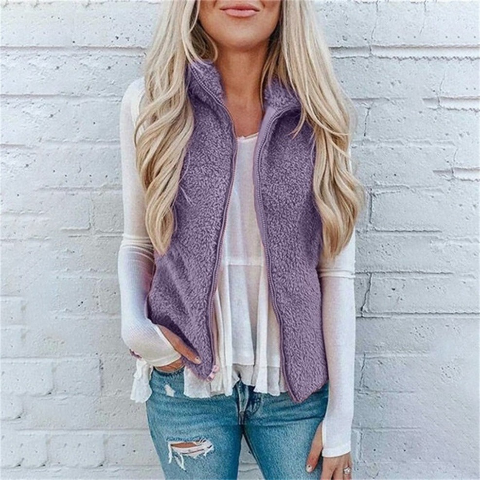 Women's Pocket Zipper Top Plush Vest