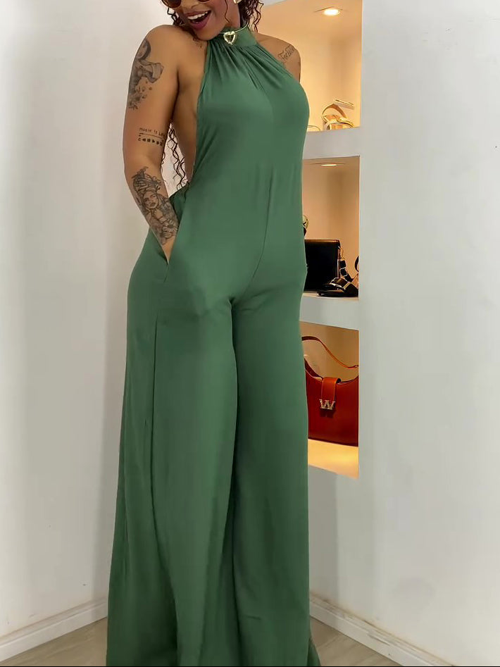 Green Halter-neck Backless Jumpsuit