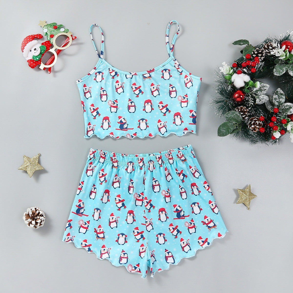 Women's Adorable Two Piece Christmas Pajama Crop Top and Shorts Set