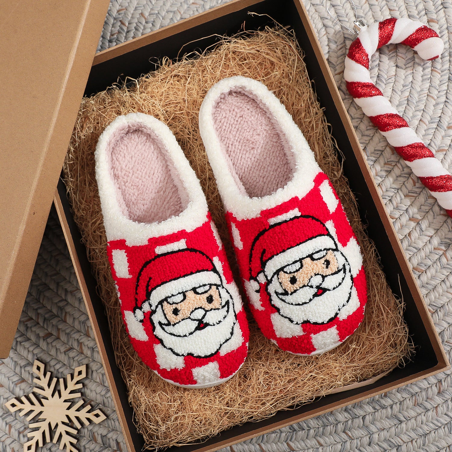 Festive Red and White Checkered Santa Claus Fleece Slipon Shoes