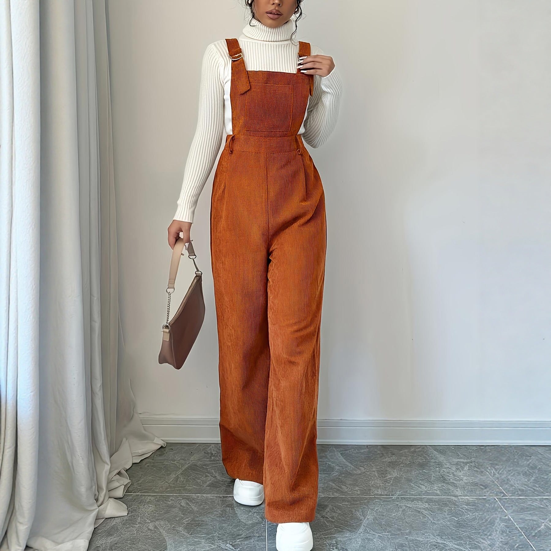 Corduroy Loose Straight Bib Pants Women