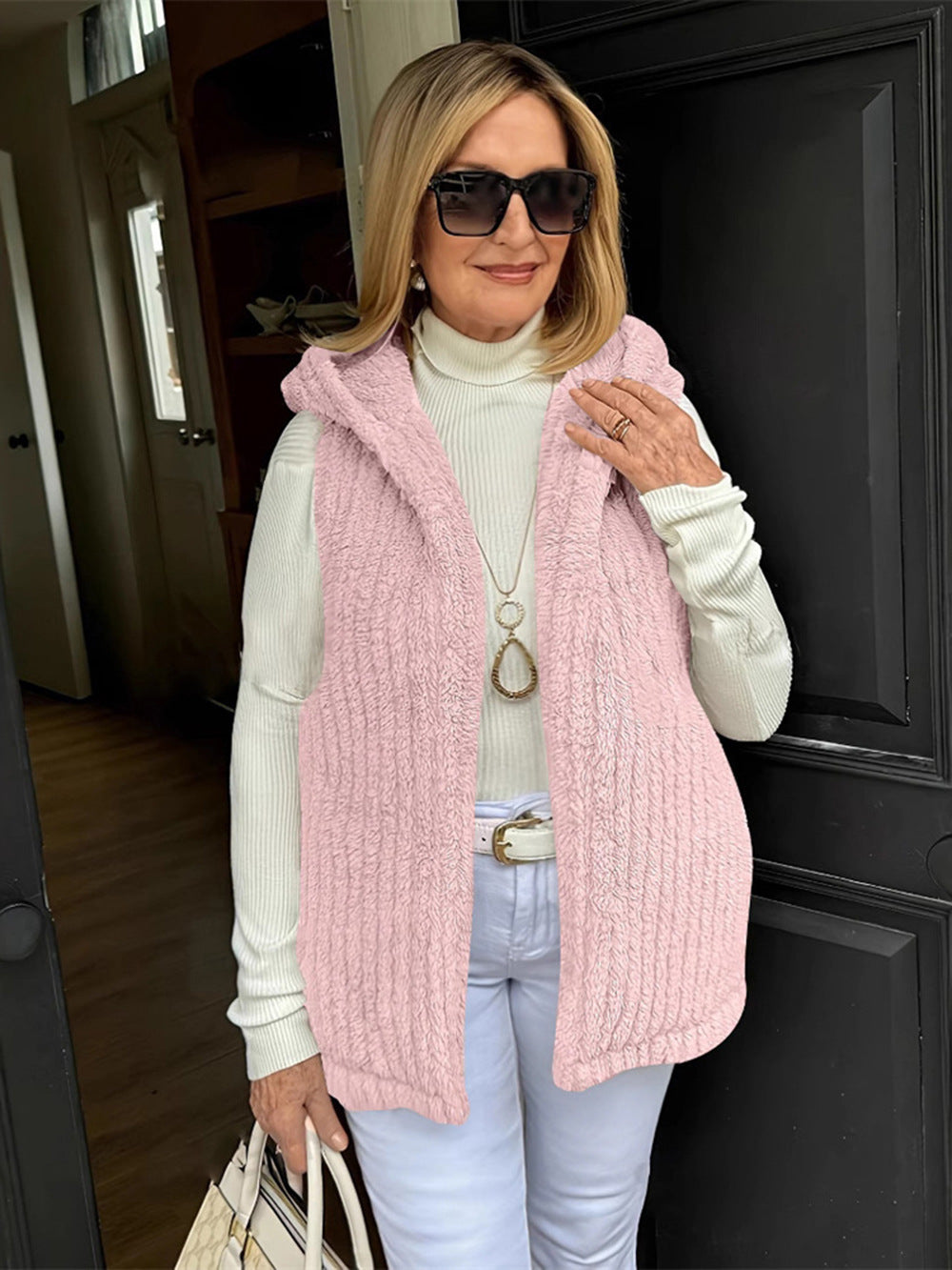 Women's Solid-Color Casual Fuzzy Hooded Vest Sleeveless Jacket