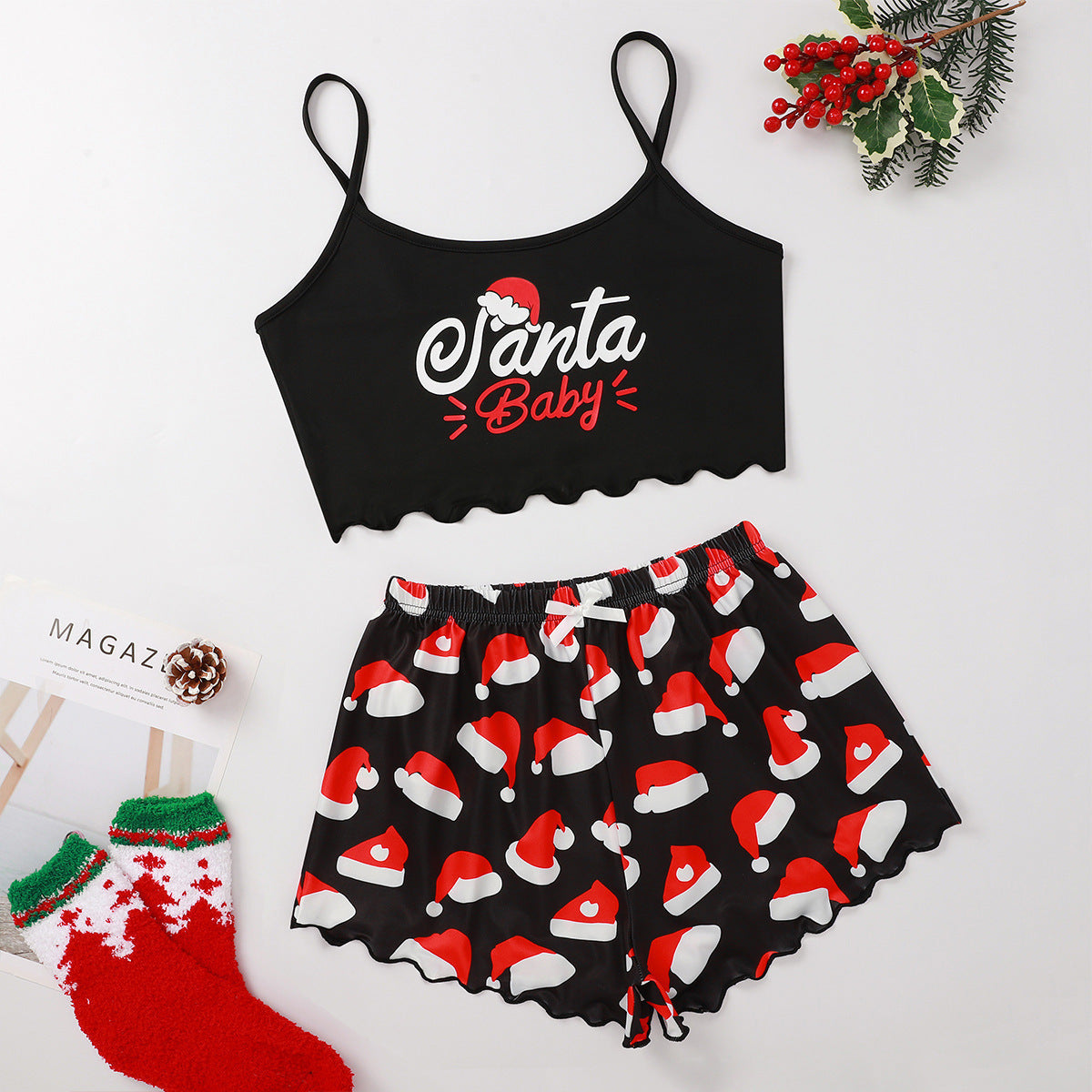 Women's Adorable Two Piece Christmas Pajama Crop Top and Shorts Set