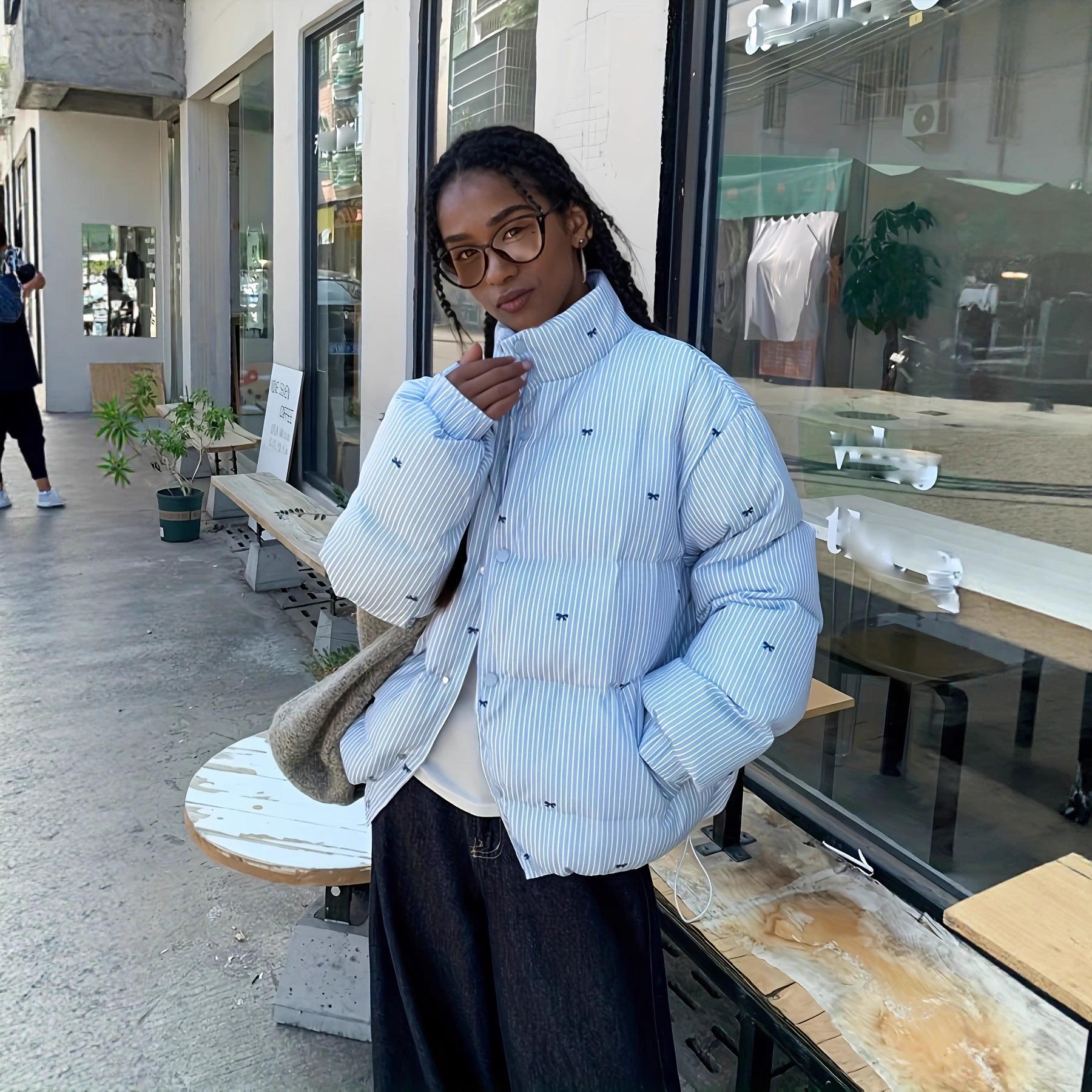 Striped Bow Coat Women's Thick Warm Long Sleeve