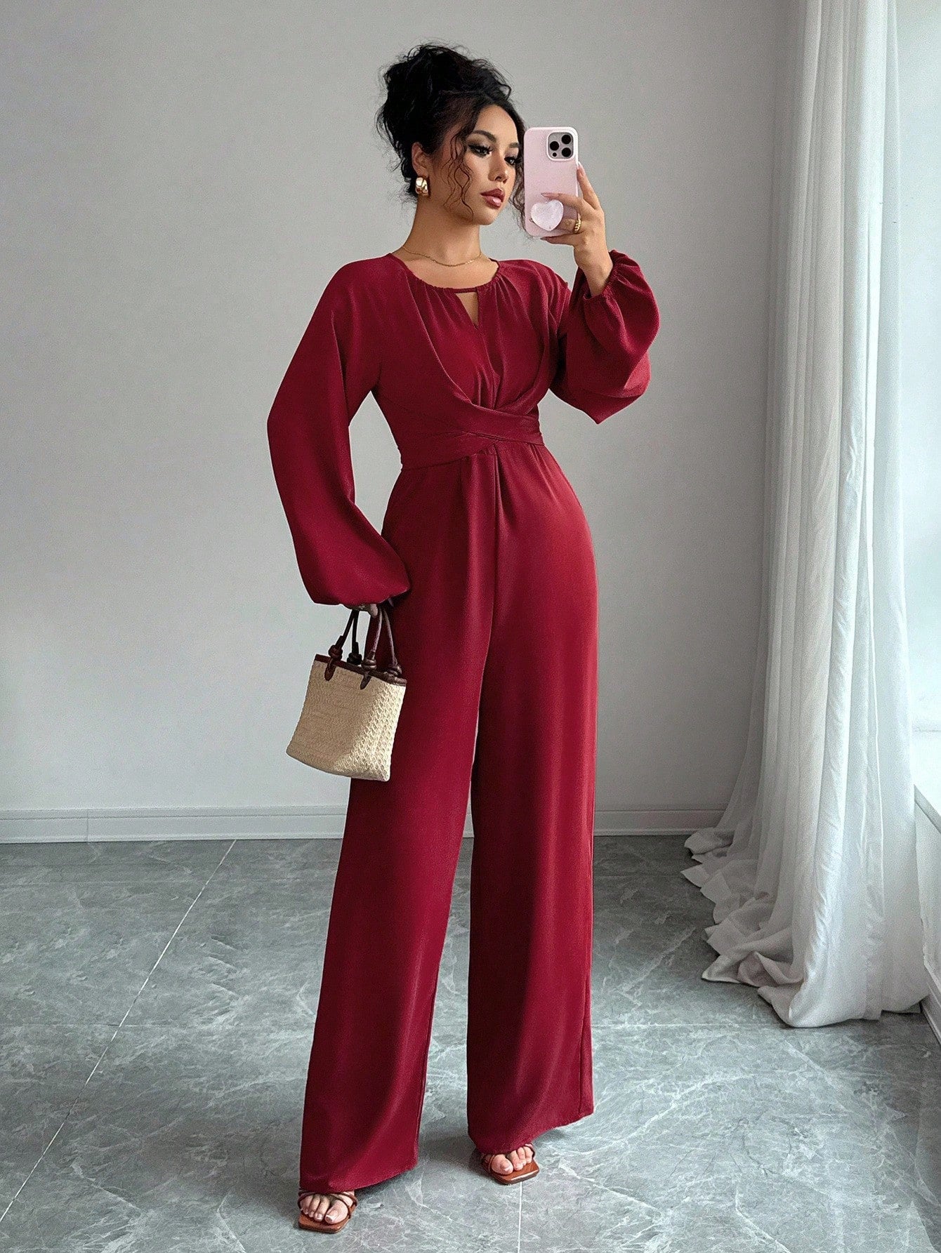Women's Solid-Colored Jumpsuit With Puffed Sleeves, Square Neck And Wide Legs