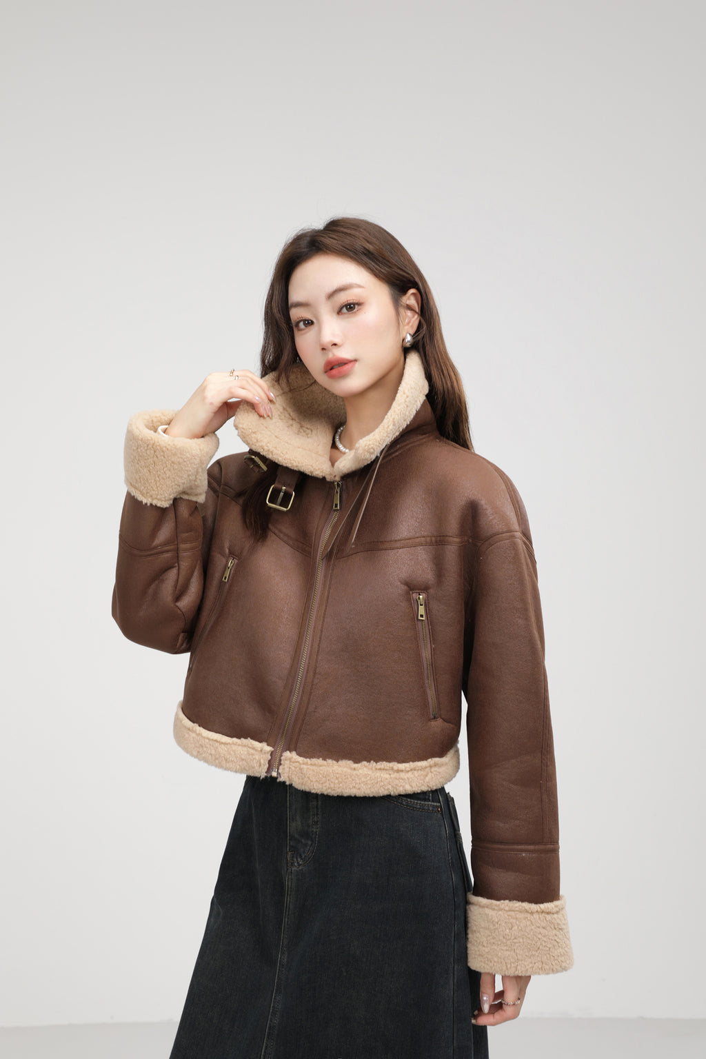 Stand Collar Lamb Fur Short Coat Women's Zipper Jacket Warm