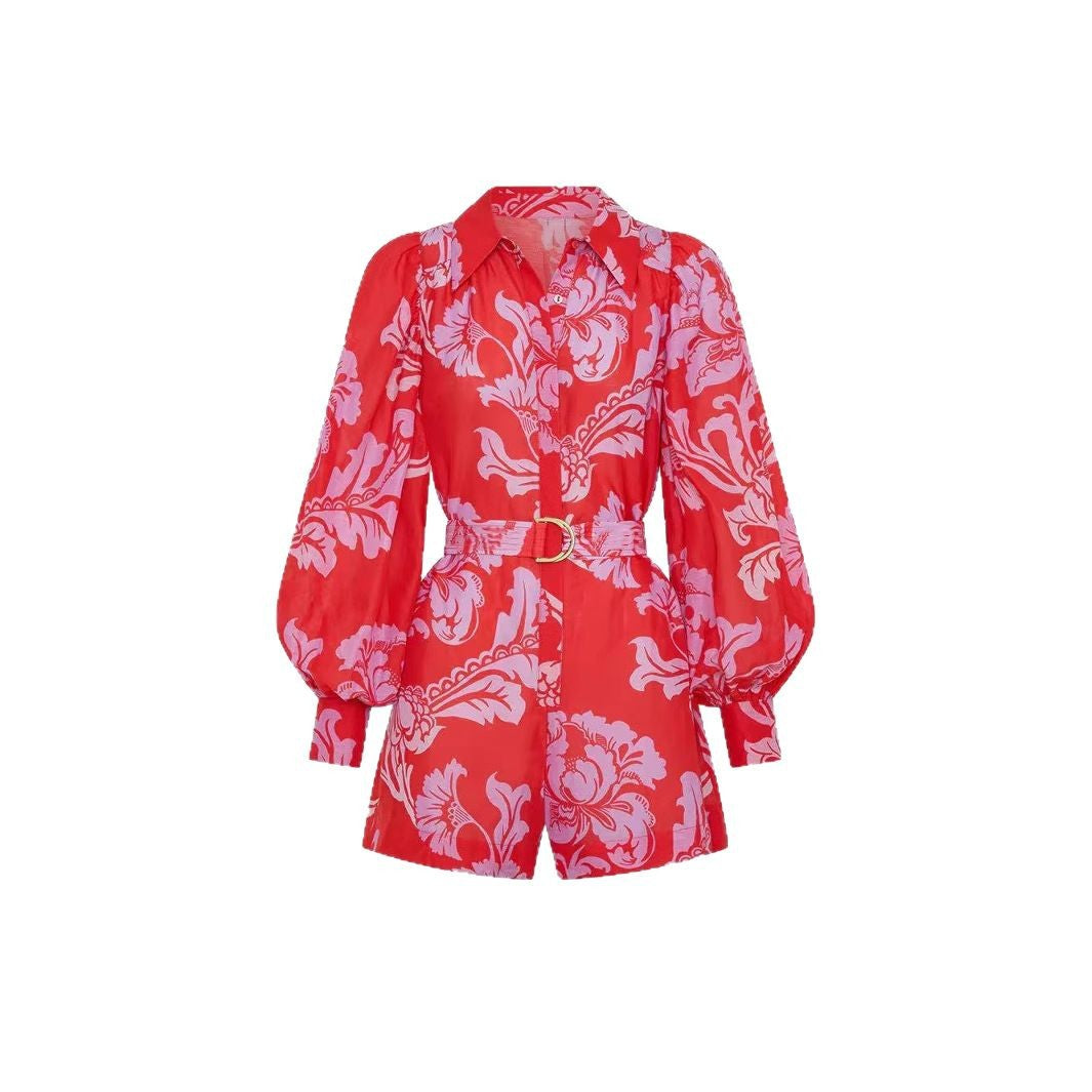 Loose Casual Puff Sleeve Lace-up Linen Jumpsuit For Women