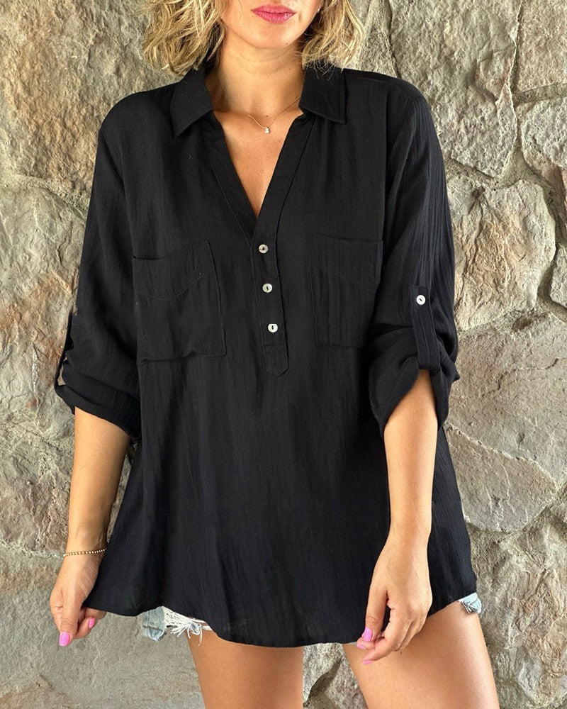 Women's Solid Color Long Sleeve Button Up Blouse