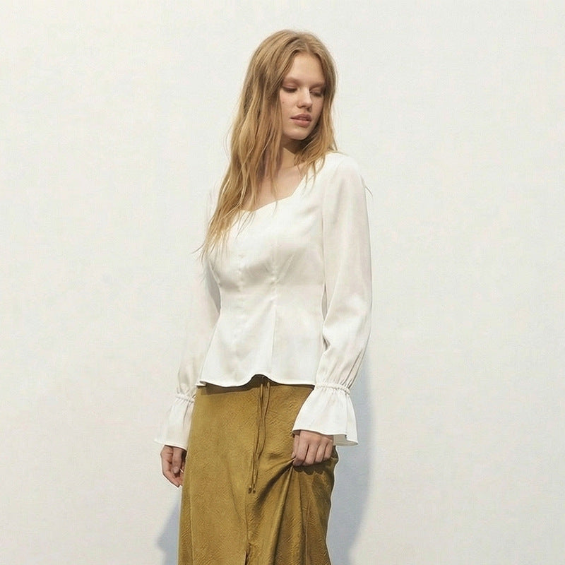 U-neck Puffed-sleeve Pullover Shirt