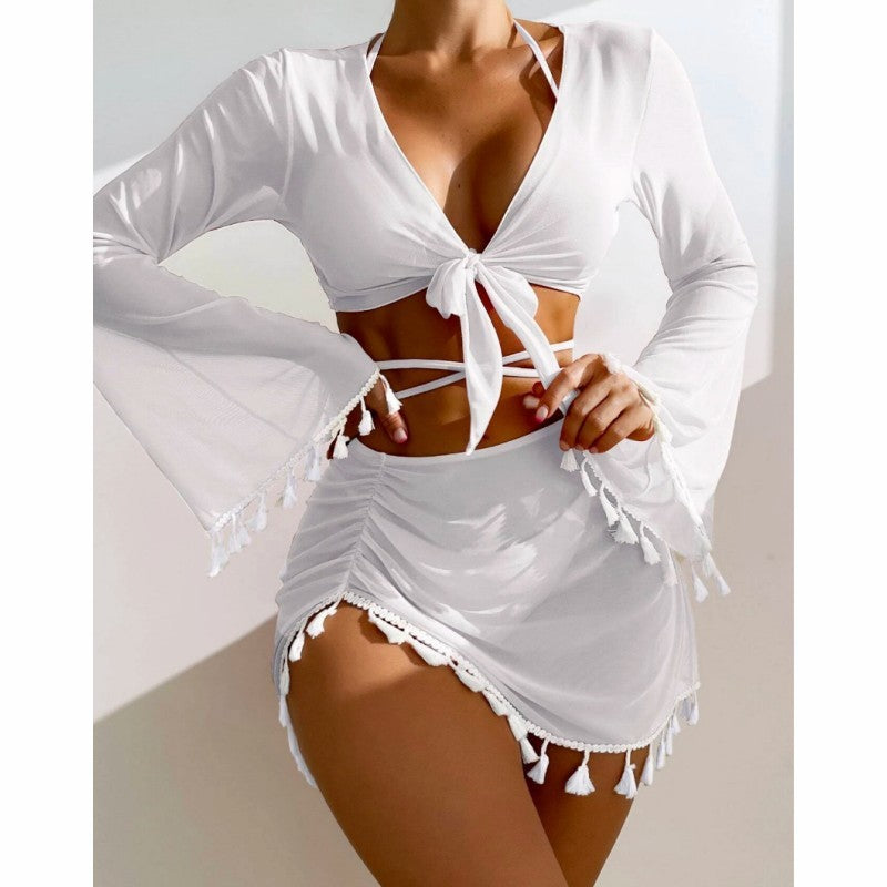 Women's Tassel Fringe Two Piece Long Sleeve Swimsuit Coverup