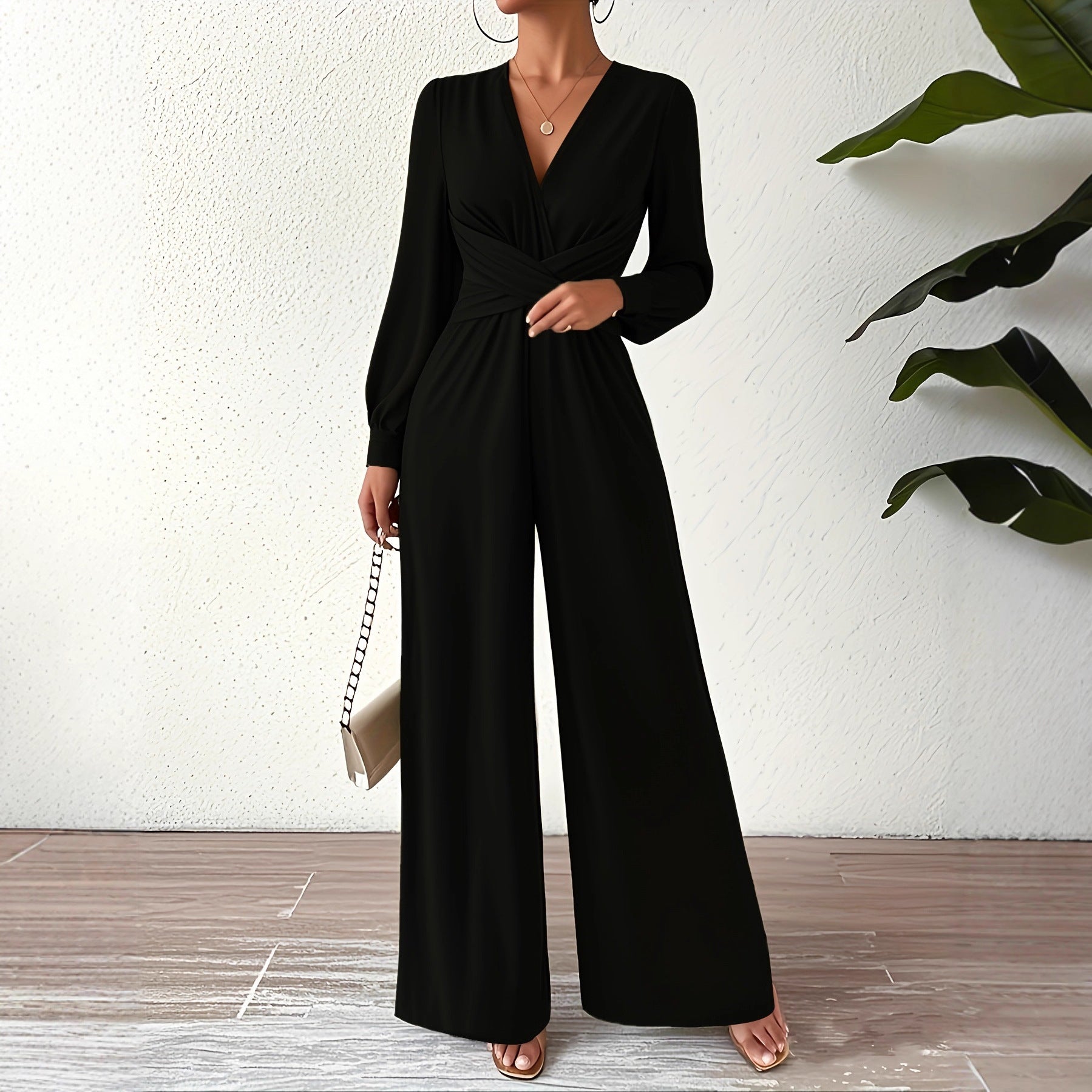 Women's  Elegant V Neck Cross Tie Waist Jumpsuit