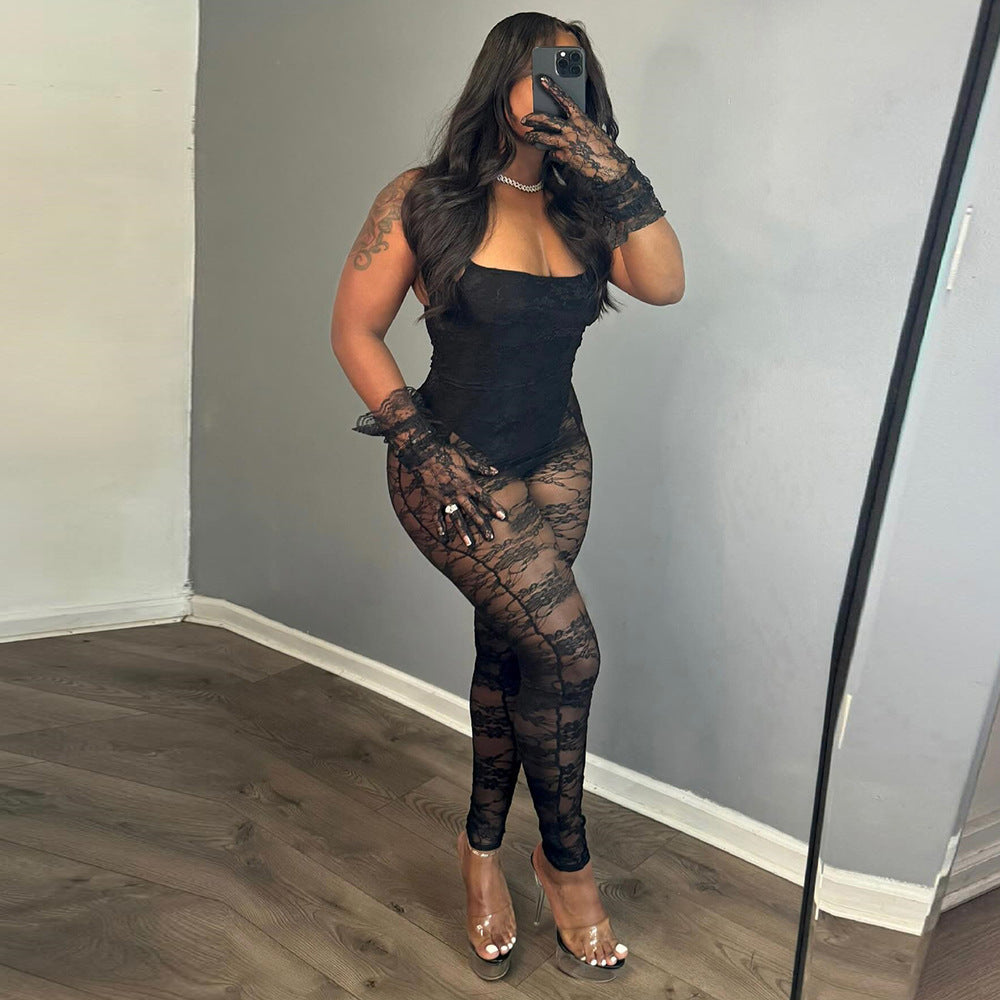 Sheer Cutout High Stretch Sling Jumpsuit With Slim Fit Design