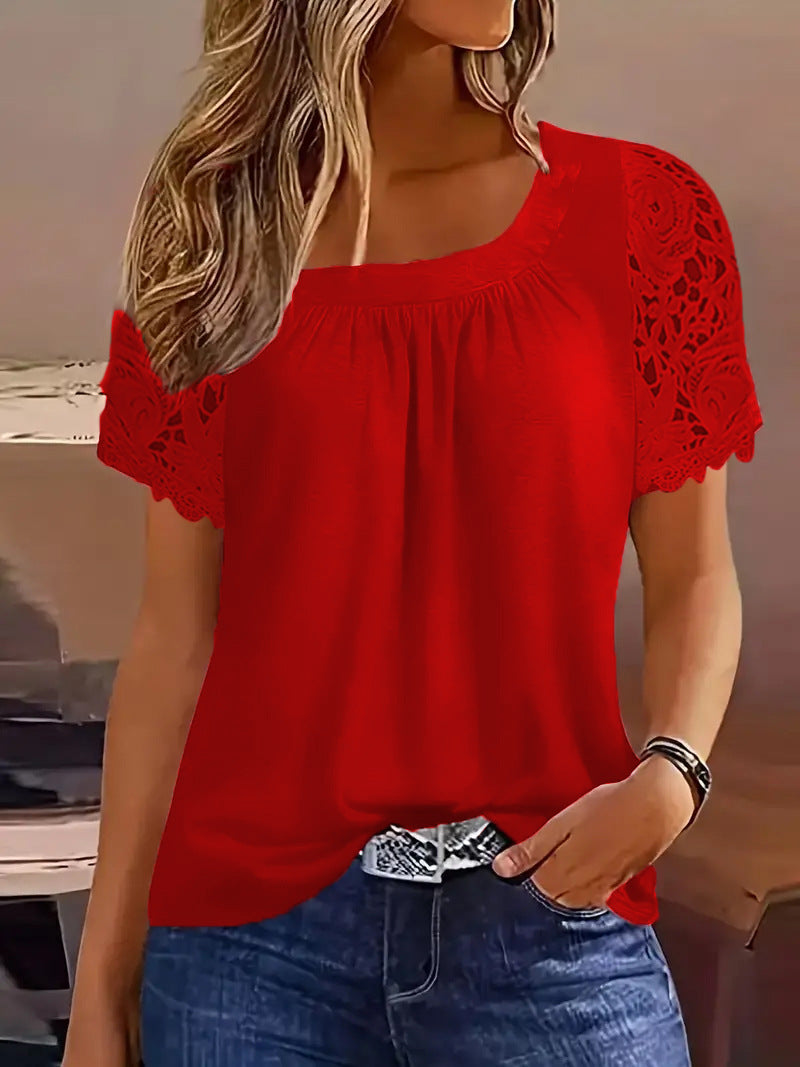 Fashionable Casual Round-neck Short-sleeve Lace T-shirt