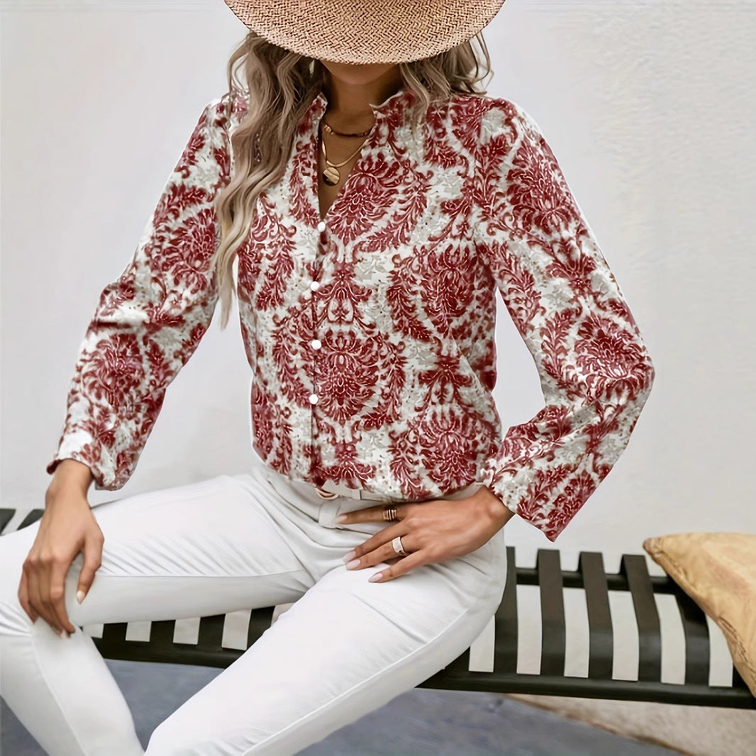 Full Print Lantern Sleeve Ruffled Trim Shirt