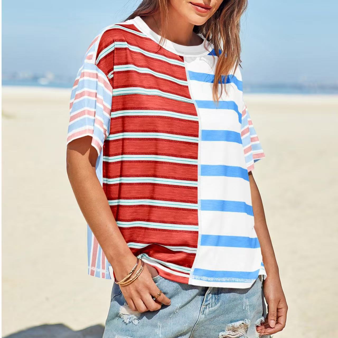 Women's Striped Casual Loose-fitting Short-sleeve Shirt