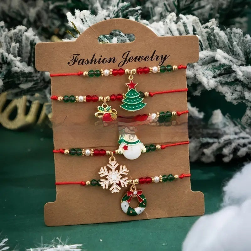 5-Piece Christmas Ribbon & Bead Bracelet Set With Tree, Bell, Snowflake, Wreath & Snowman-5 Pc Bracelet Set-Theone Apparel