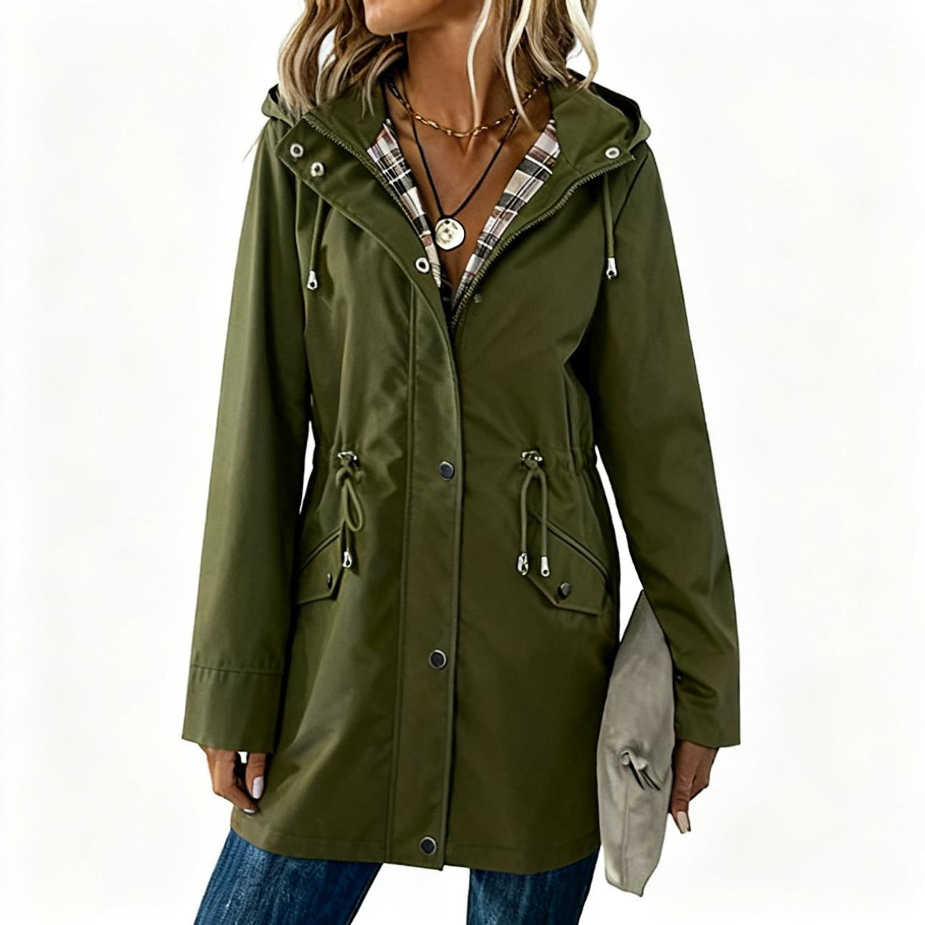 Ladies Hooded Drawstring Nipped-waist Plaid Coat