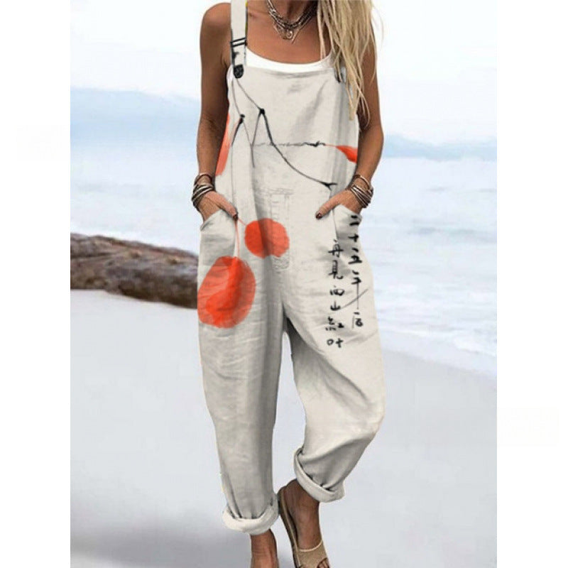 Women's Summer Digital Printing Button Casual Suspender Trousers