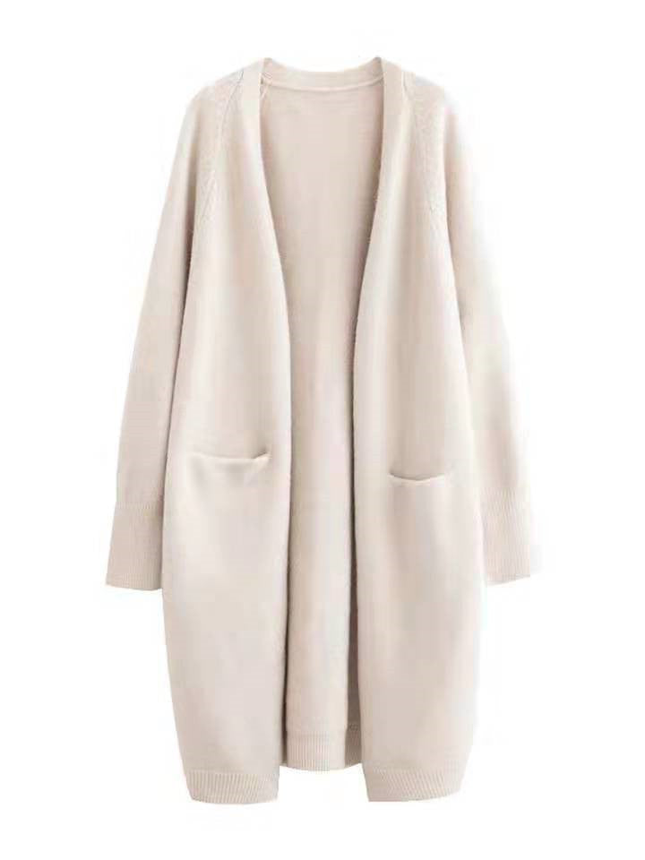 Mid-length Sweater Women's Solid Color V-neck Knitted Jacket