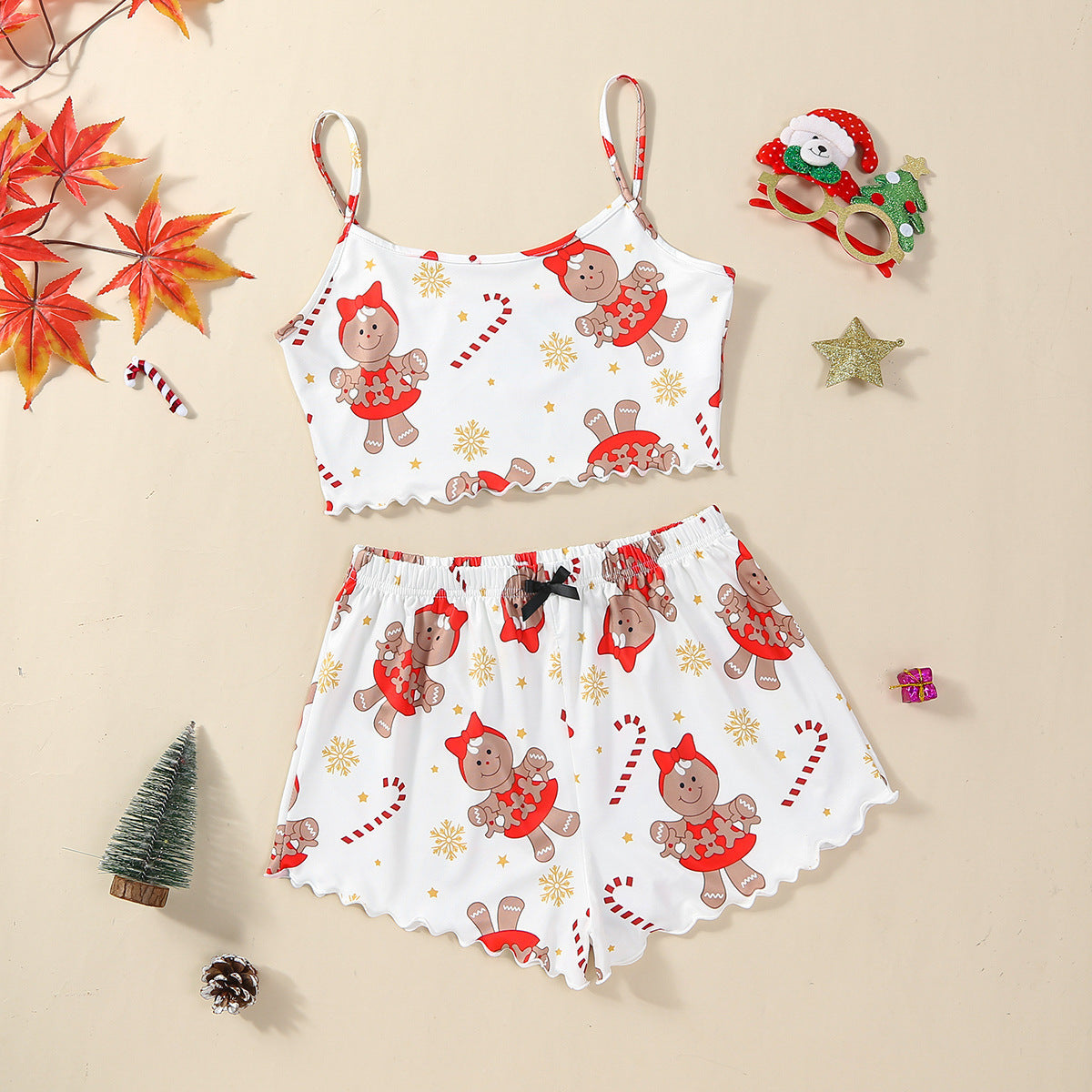 Women's Adorable Two Piece Christmas Pajama Crop Top and Shorts Set