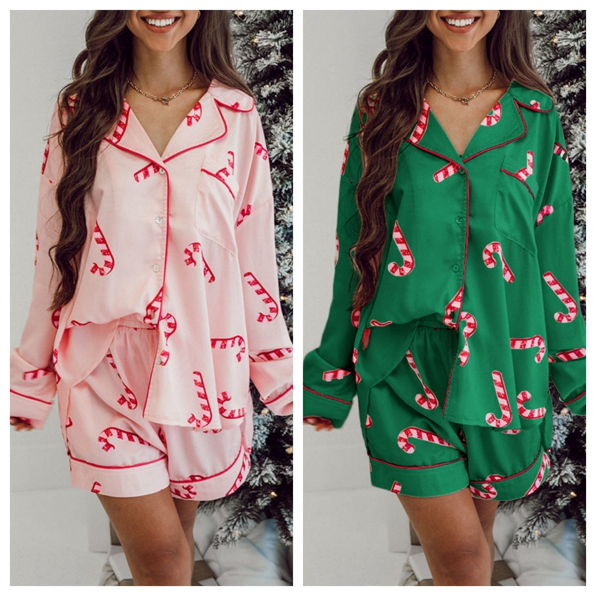 Women's Candy Cane Two Piece Christmas Pajama Set in Pink and Green