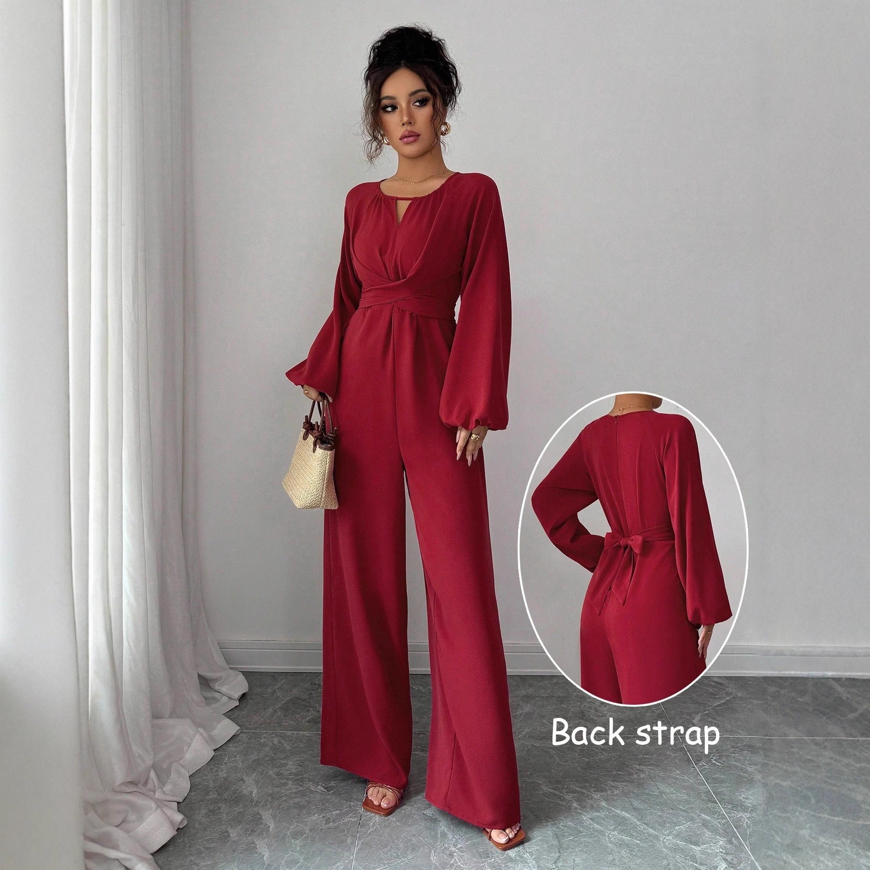 Women's Solid-Colored Jumpsuit With Puffed Sleeves, Square Neck And Wide Legs