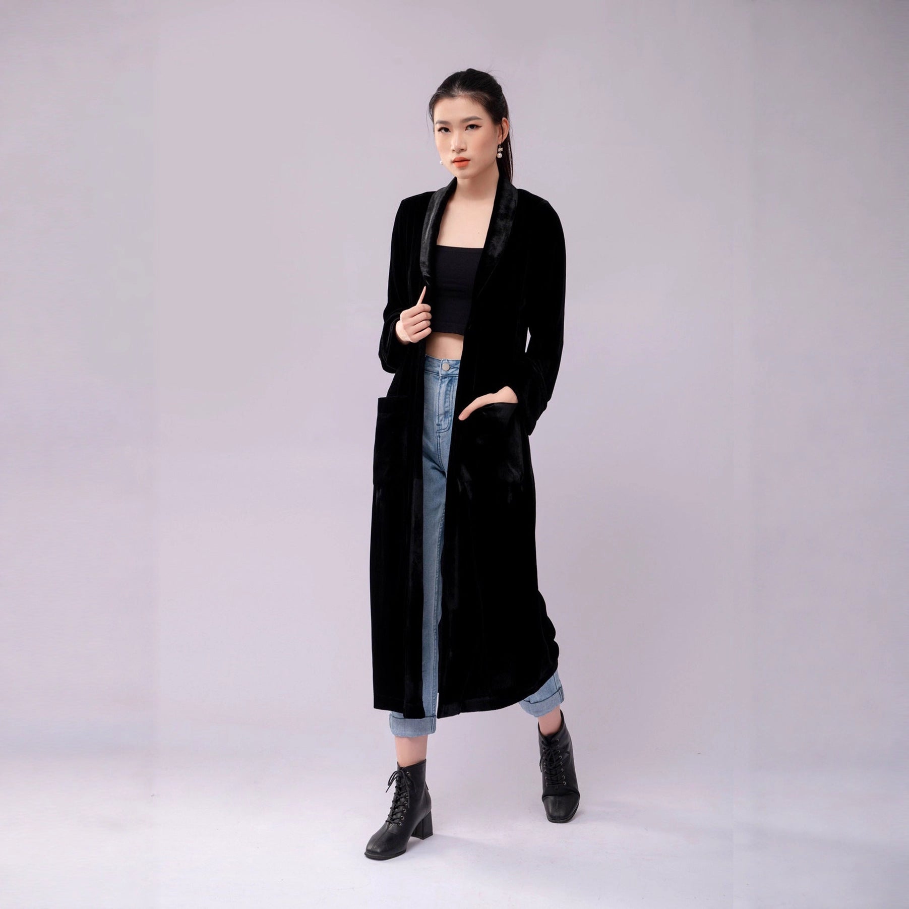 Elegant Women's Velvet Overcoat Coat Conventional Sleeve