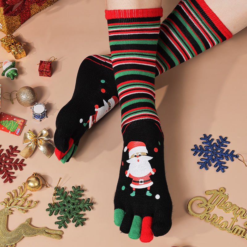 Lightweight Soft Crew Socks with Five Toes in Christmas Patterns