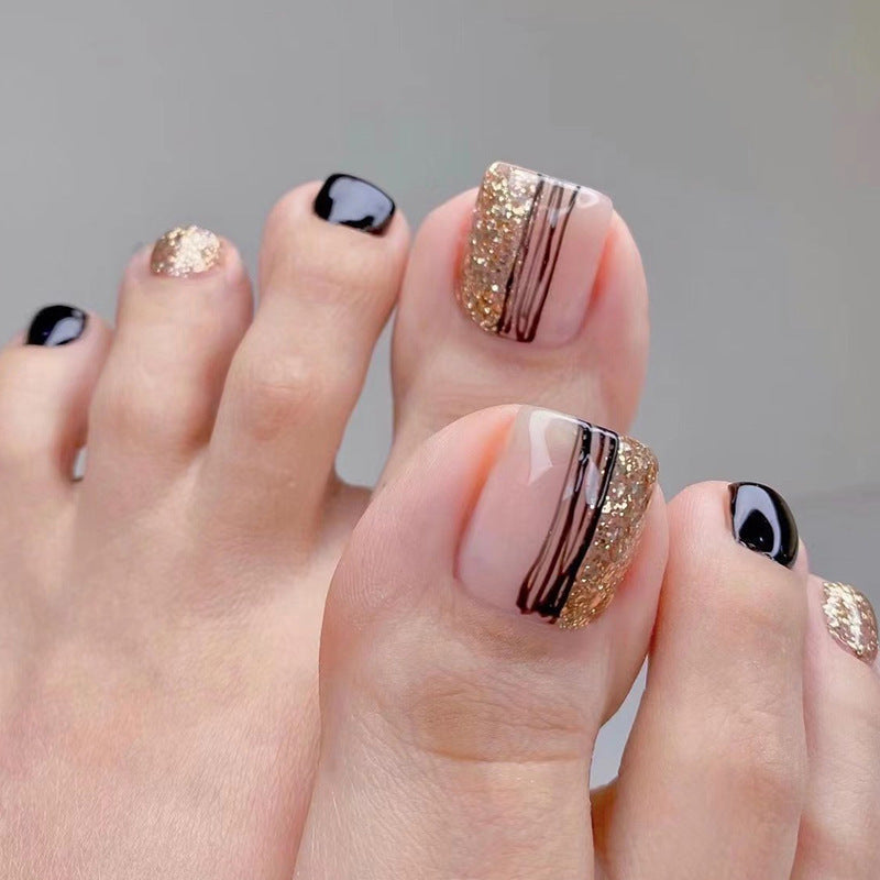 Women's Elegant Champagne, Gold and Black Nail Set