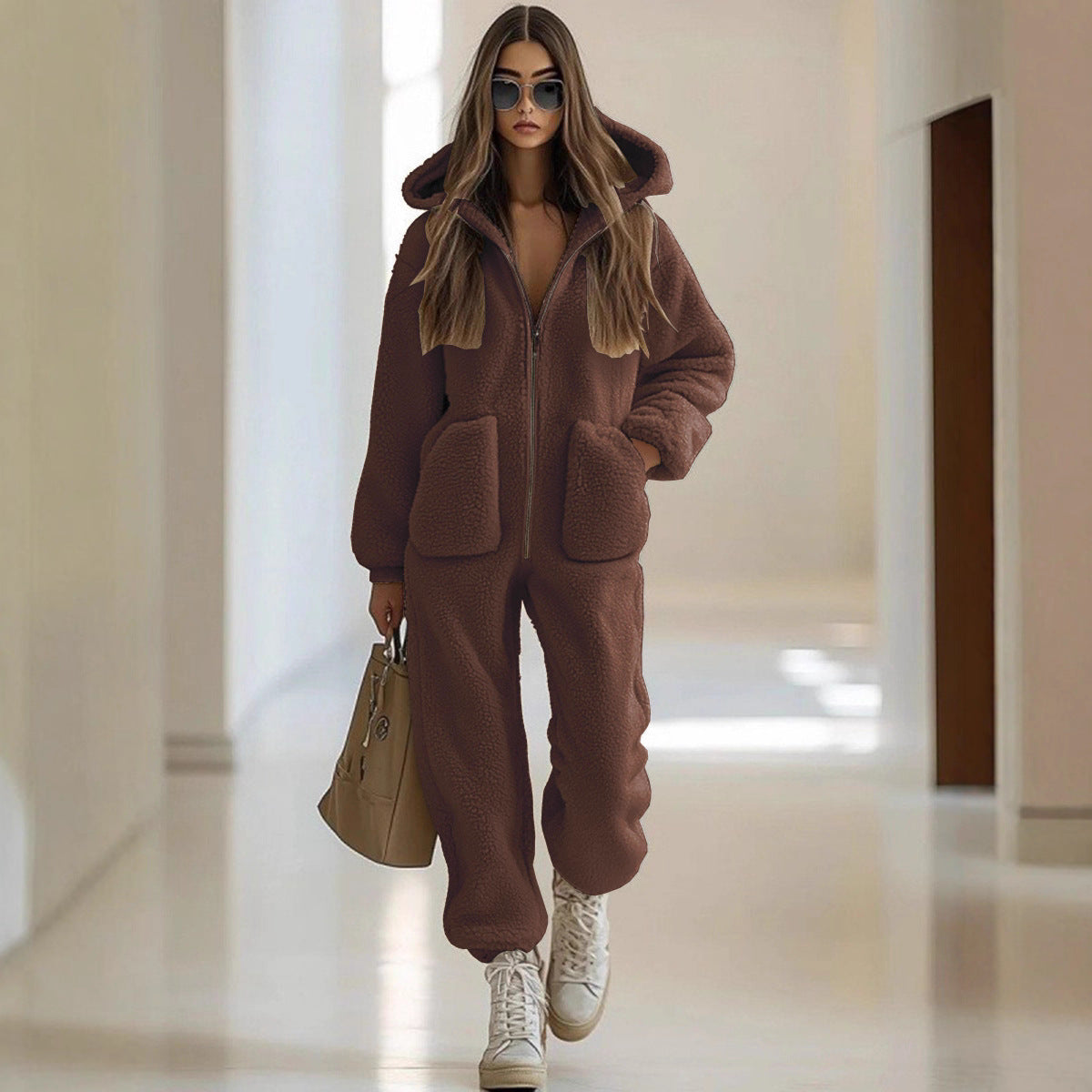 Hooded Pocket Trim Loose Straight Plush Jumpsuit