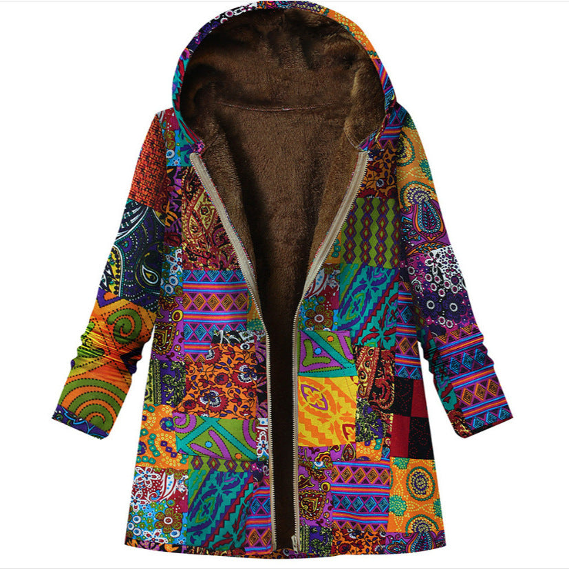 Retro Warm Printed Pocket Thick Zippered Hooded Coat