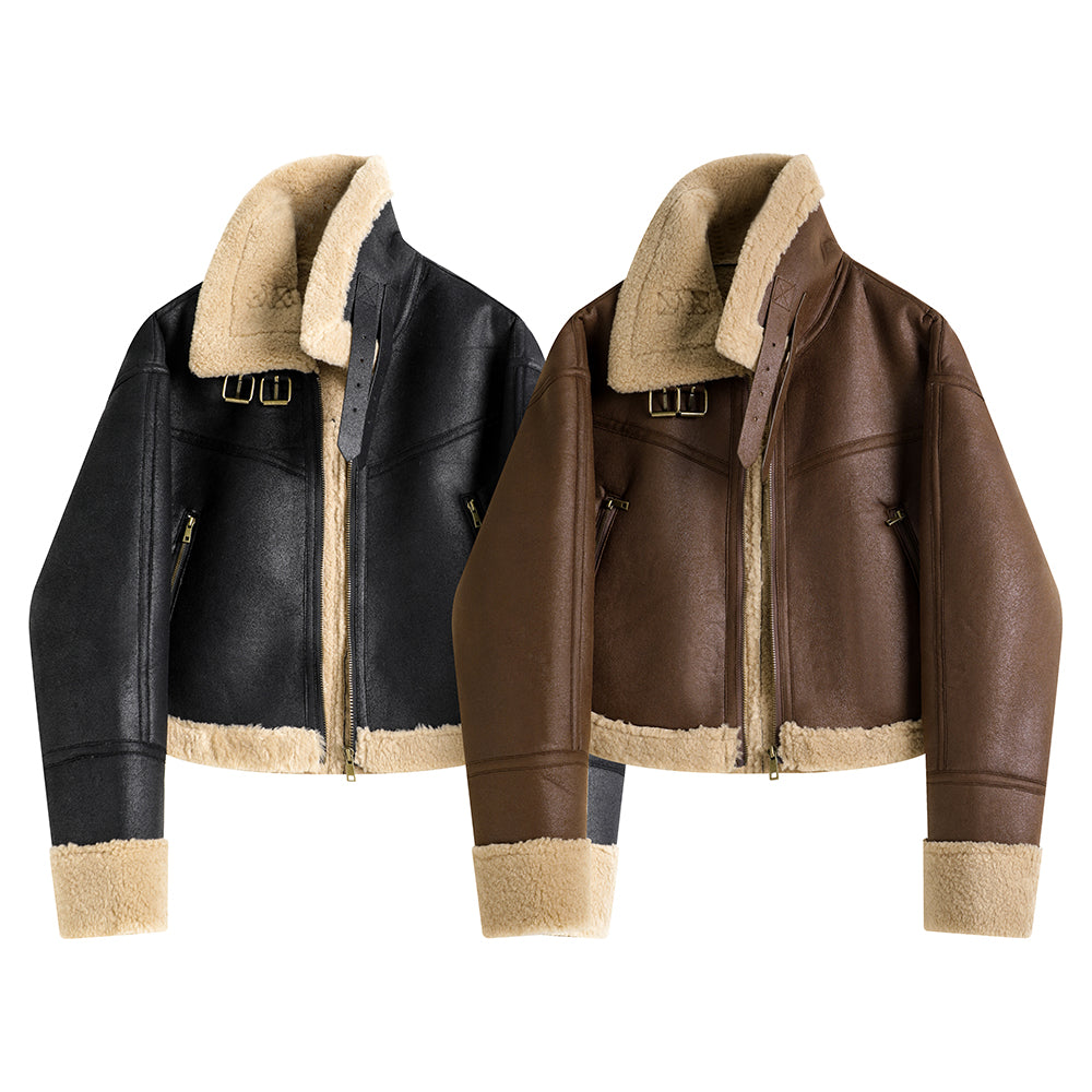 Stand Collar Lamb Fur Short Coat Women's Zipper Jacket Warm