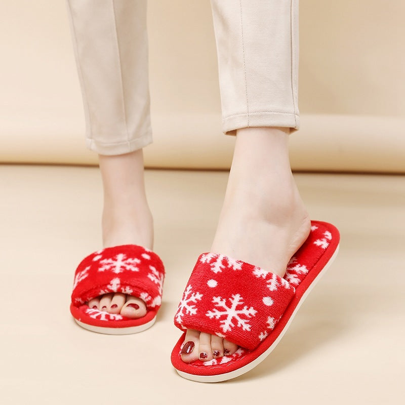 Multicolor Christmas Themed Fleece Open Toed House Shoes