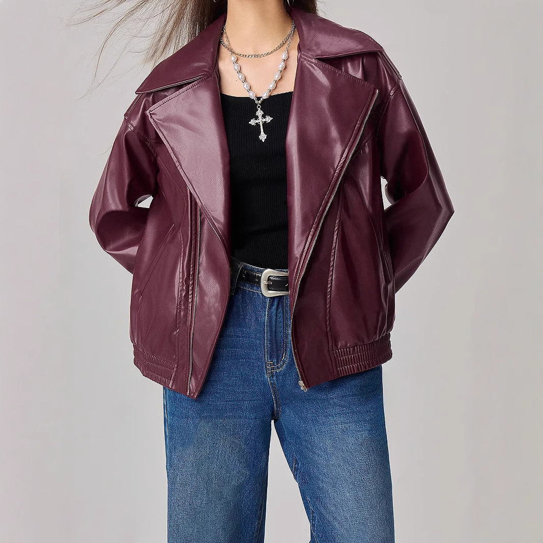Loose Fit Long Sleeve PU Leather Jacket For Women