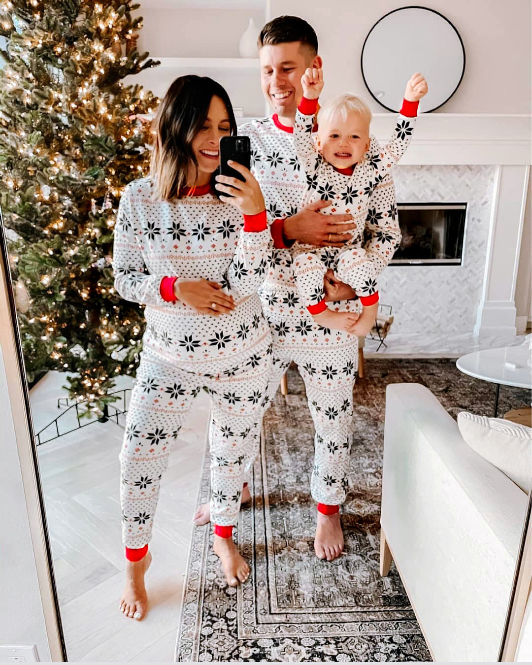 Men's Black White and Red Snowflake Pattern Two Piece Pajama Set