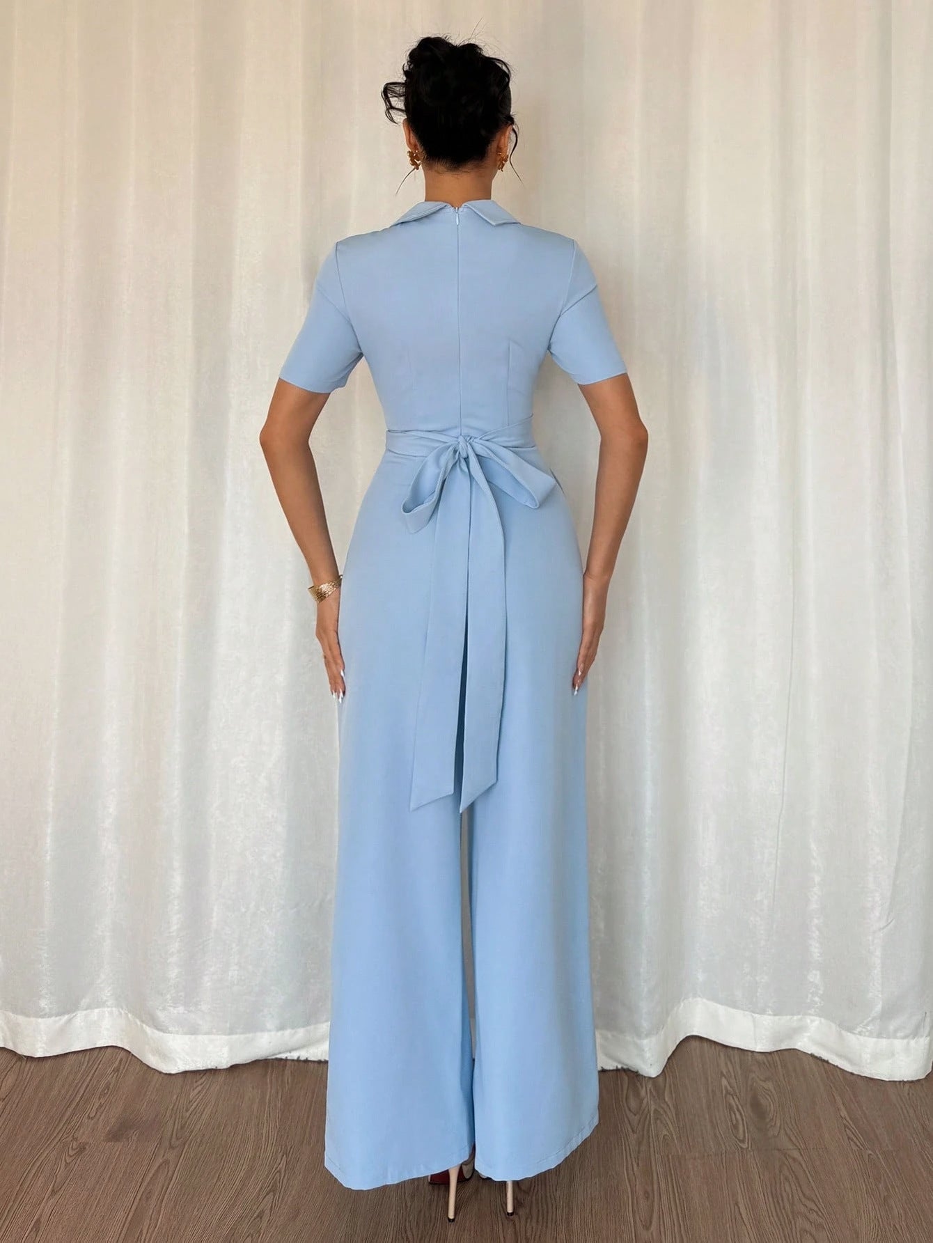 Women's Blue Off-shoulder Belted Slim-fit Jumpsuit