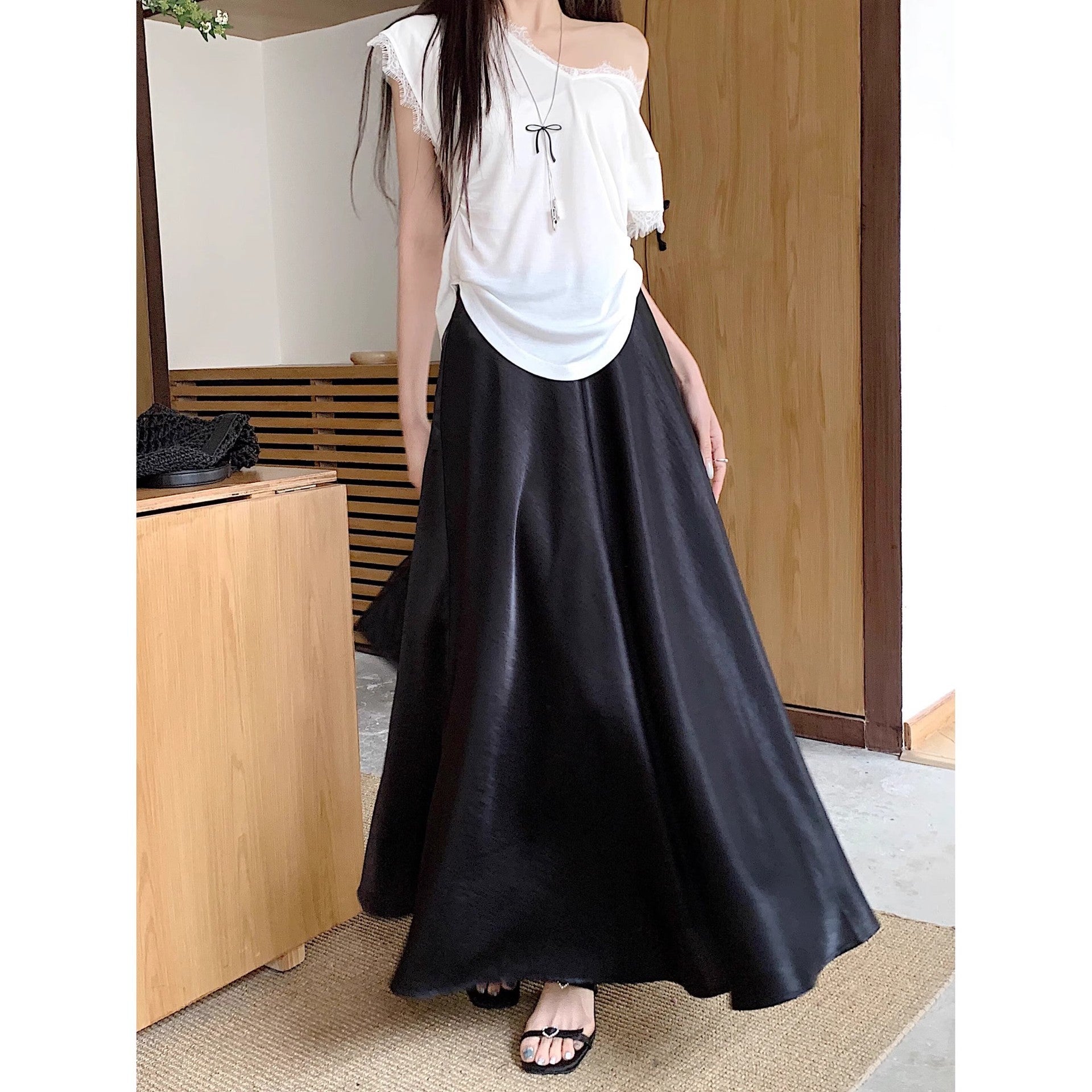 Acetate Satin Draped Skirt For Casual Versatile Styling-Theone Apparel