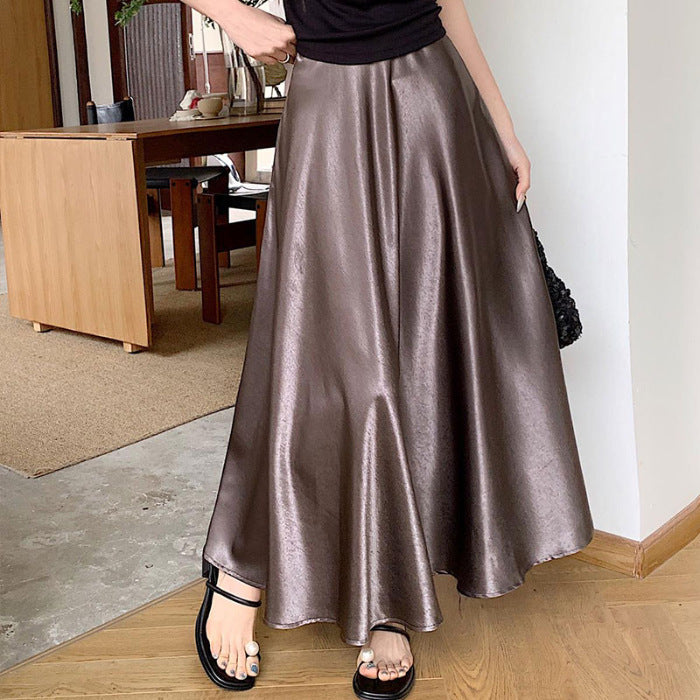 Acetate Satin Draped Skirt For Casual Versatile Styling-Dark Gray-Theone Apparel