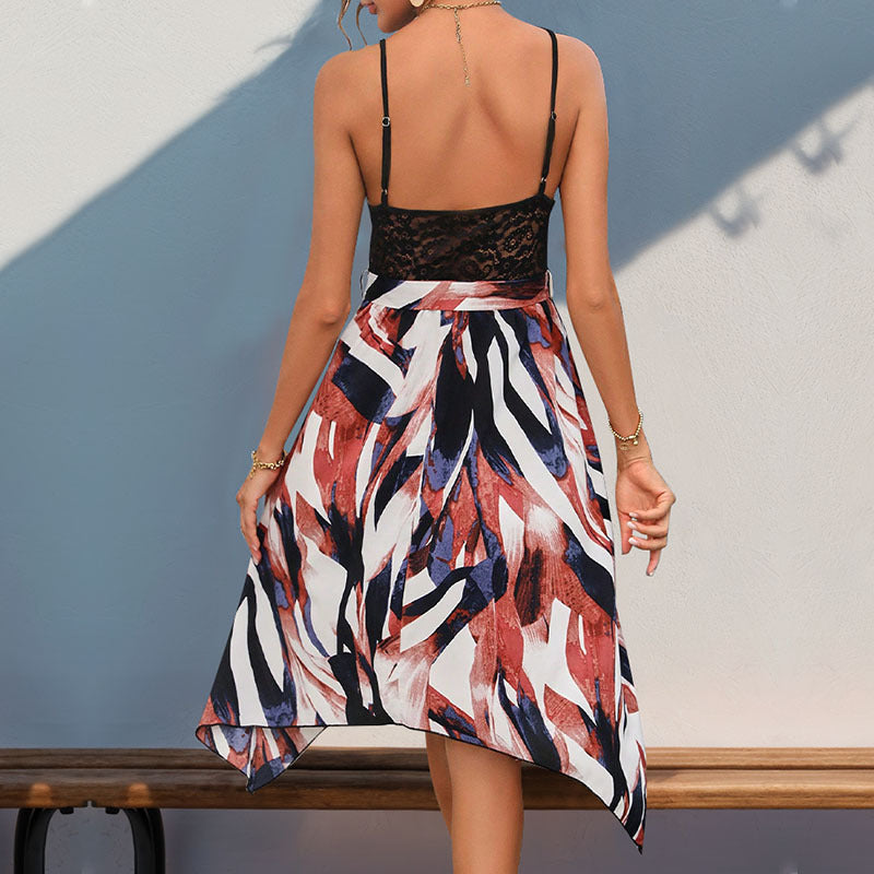 Asymmetric Lace V-Neck Strap Dress with Irregular Hem Swing-Theone Apparel