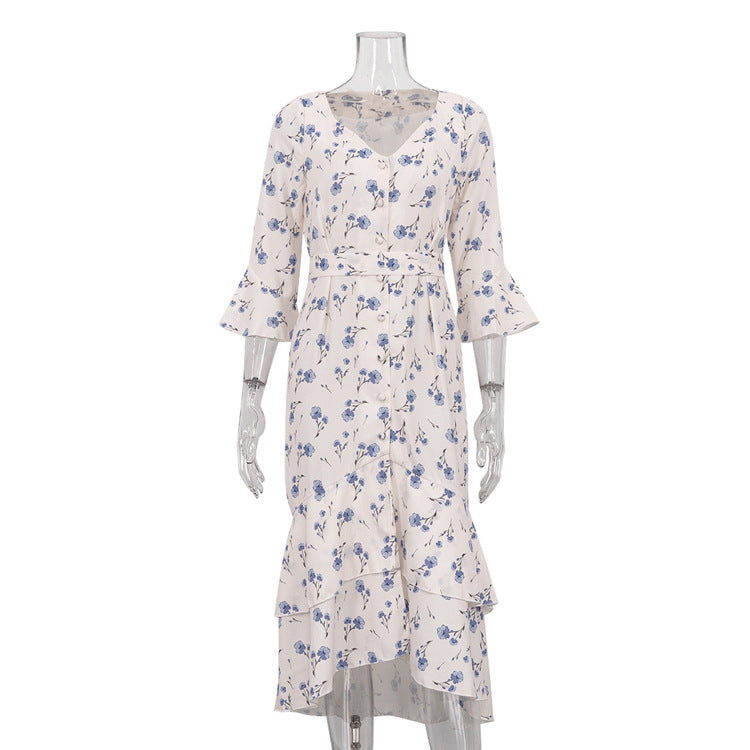 Asymmetric V-Neck Delicate Floral Dress with Breezy Flared Sleeves-Theone Apparel
